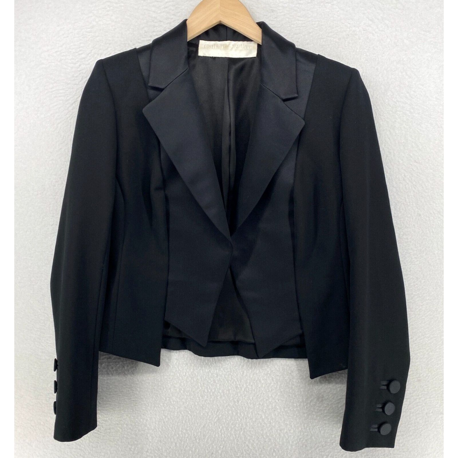 image of Vintage Catherine Walker Blazer S Wool Pure Silk Trim Tuxedo Open Front Cropped Black in White, Wom