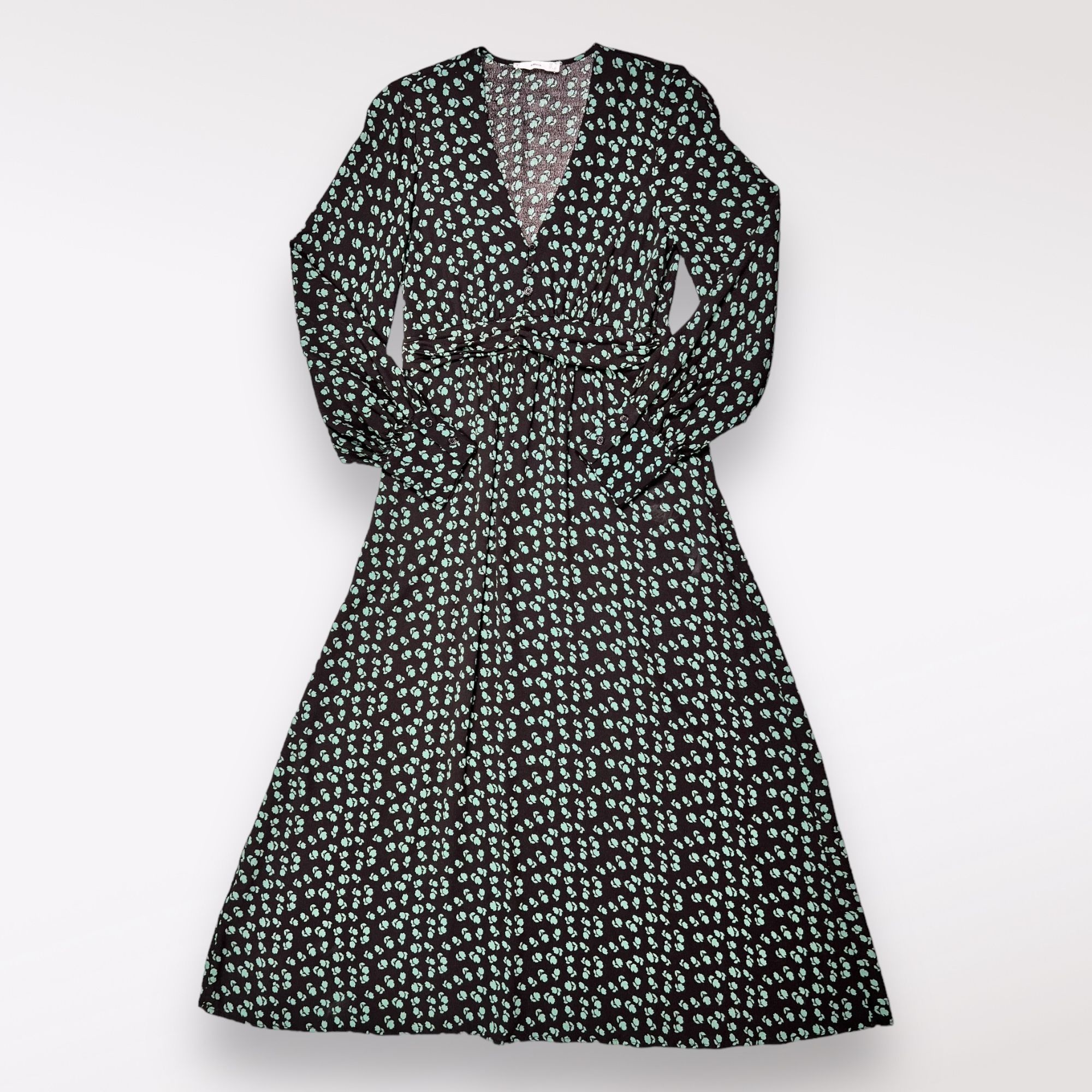 Mango MNG Mango Puff Sleeve Midi Dress V-Neck Floral Black Size Sm Size S / US 4 / IT 40 - 9 Thumbnail