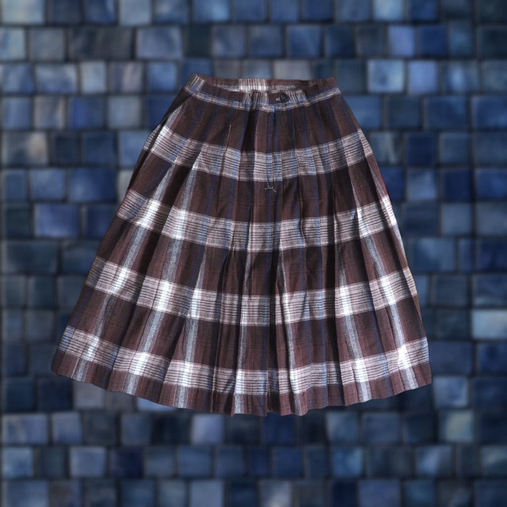 Vintage VTG 50s 60s Brown Gray Plaid Wool Talon Boho Pleated 27W USA Skirt Womens Size 27" / US 4 / IT 40 - 1 Thumbnail