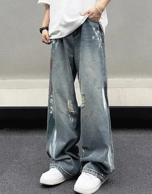 Japanese Brand Stylish Splash Ink Blue Distressed Baggy Jeans Size US 27 - 3 Thumbnail