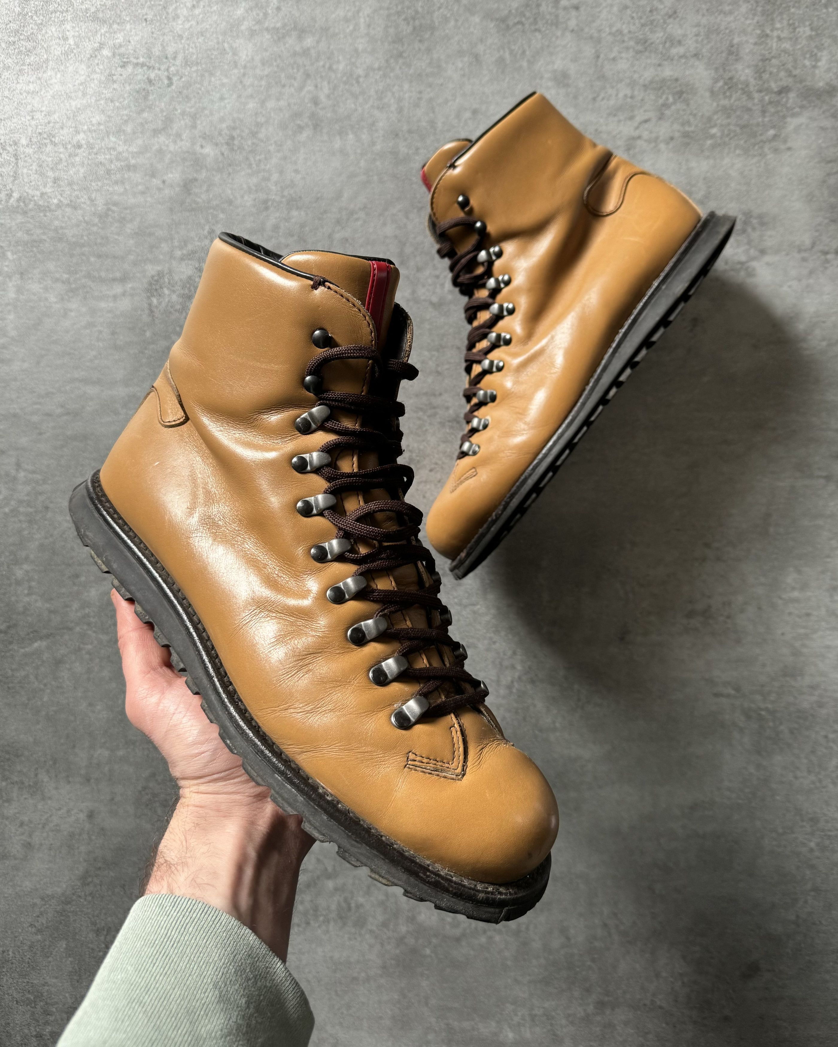 image of Archival Clothing x Prada Aw2001 Prada Hiking Mountain Leather Boots in Brown, Men's (Size 11)