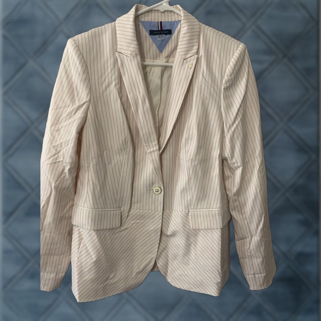 VINTAGE Tommy Hilfiger Blazer Women's Size 10 Pink and White Stripe Cotton Casual Formal 90s