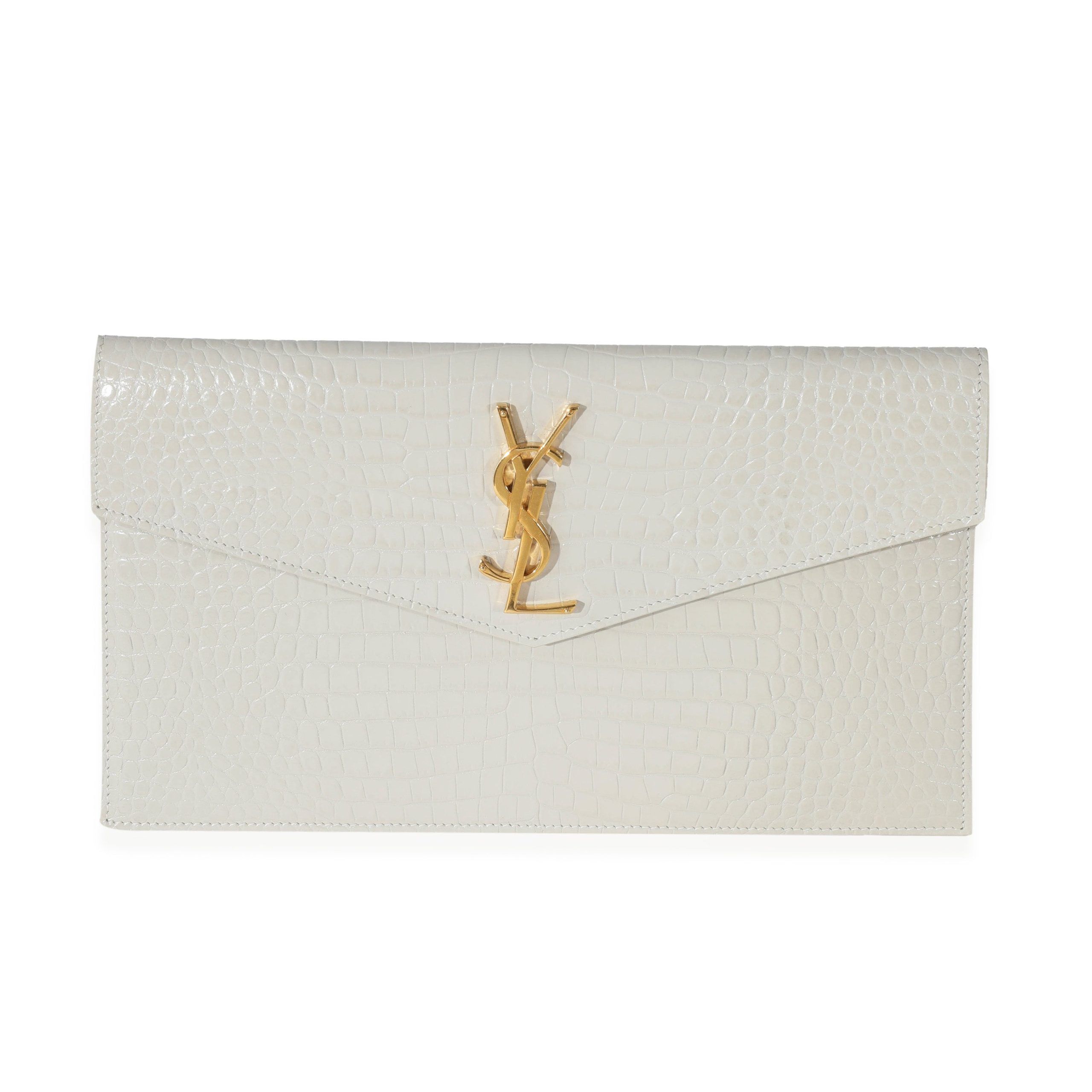 image of YVES Saint Laurent Blanc Vintage Shiny Crocodile Embossed Uptown Pouch in White, Women's
