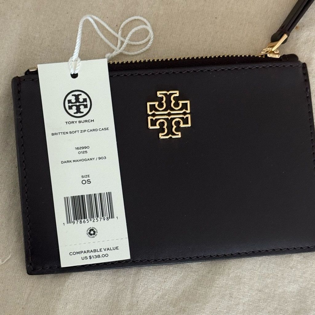 Tory Burch NWT TORY BURCH BRITTEN SOFT ZIP CARD CASE DARK MAHOGANY Size ONE SIZE - 2 Thumbnail