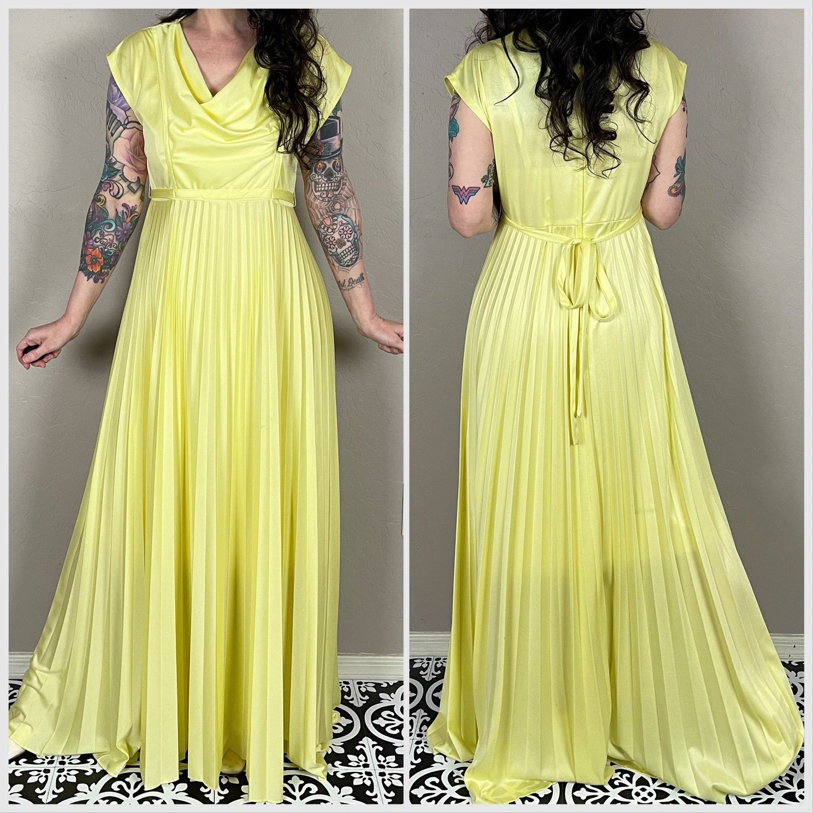Vintage Vintage 1970s Pastel Yellow Sleeveless Pleated Maxi Dress Size M / US 6-8 / IT 42-44 - 3 Thumbnail