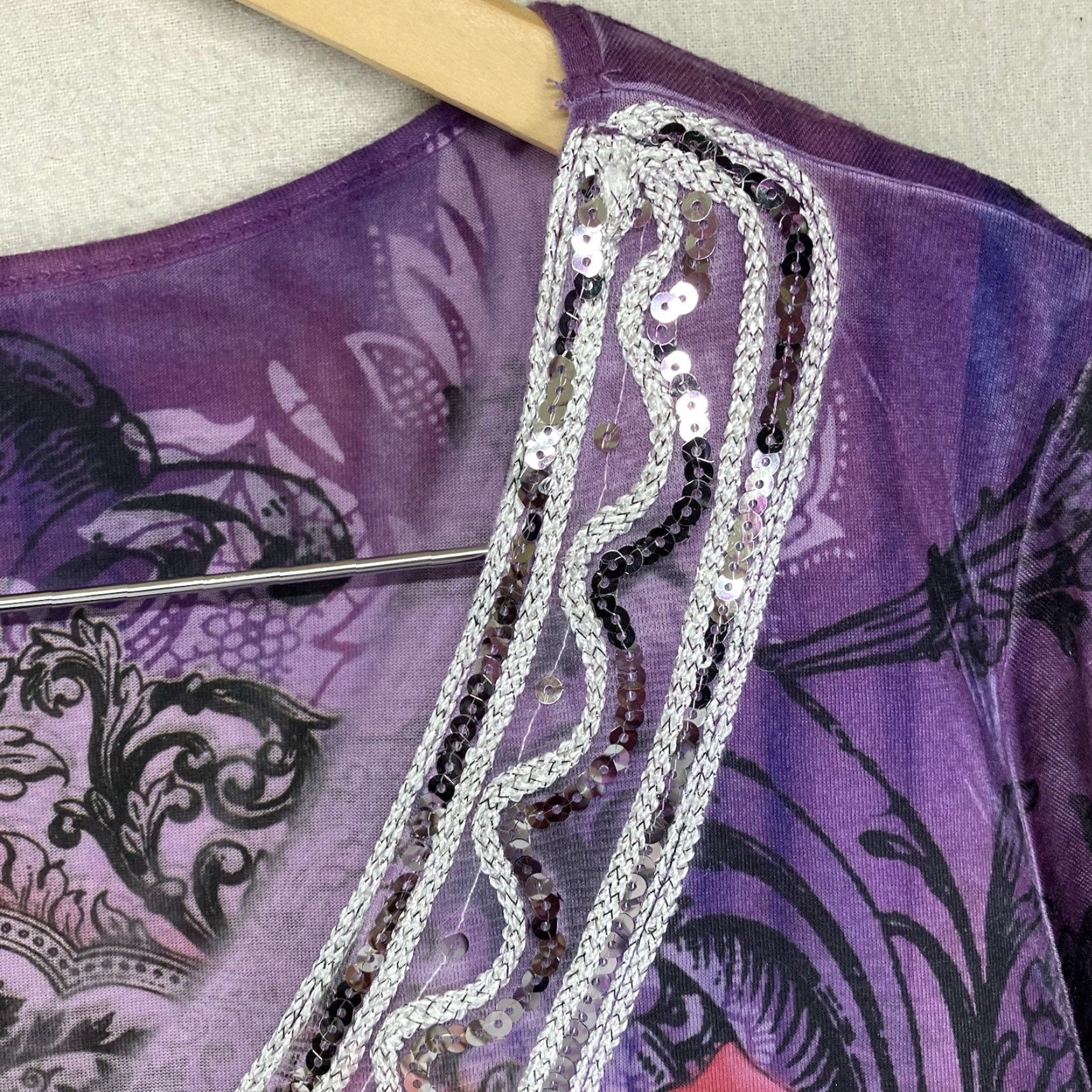 Essentials Women's 1X Blouse Tunic 3/4 Sleeve V-Neck Purple Geometric Sequin Bling Lightweight Stretch Polyester Essentials Shirt Womens Size XL / US 12-14 / IT 48-50 - 5 Thumbnail
