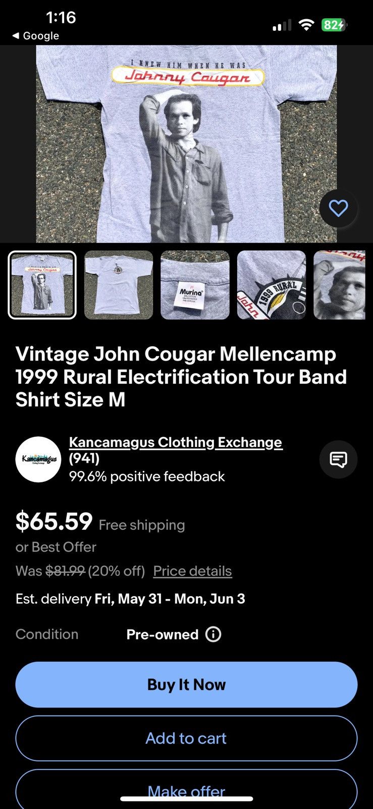 All Sport VTG John Cougar SS Mellencamp '99 Electrification Tour Tee Size US XL / EU 56 / 4 - 6 Thumbnail