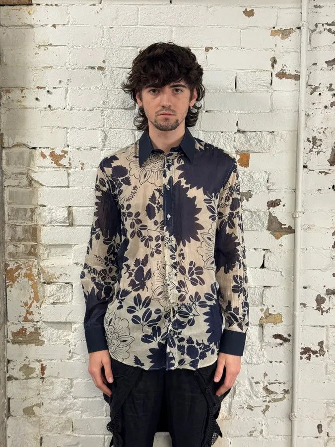 Dolce & Gabbana 2000s Dolce & Gabbana Cream Navy Cotton Floral Shirt Size US M / EU 48-50 / 2 - 2 Thumbnail