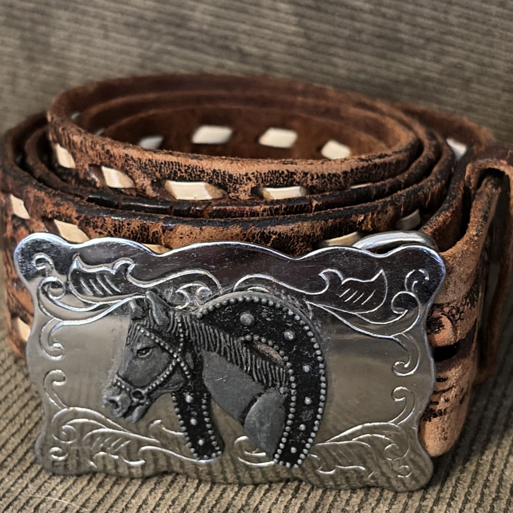 Vintage VINTAGE Western Belt Horse Theme Hand Tooled Buckstitch Leather Belt Men 40 Brown Leather Horses Mens Belt Size 40 - 2 Thumbnail