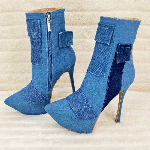 Other Kinder Pointy Toe Platform Stiletto Heel Ankle Boots Denim P Size US 7 / IT 37 - 2 Thumbnail