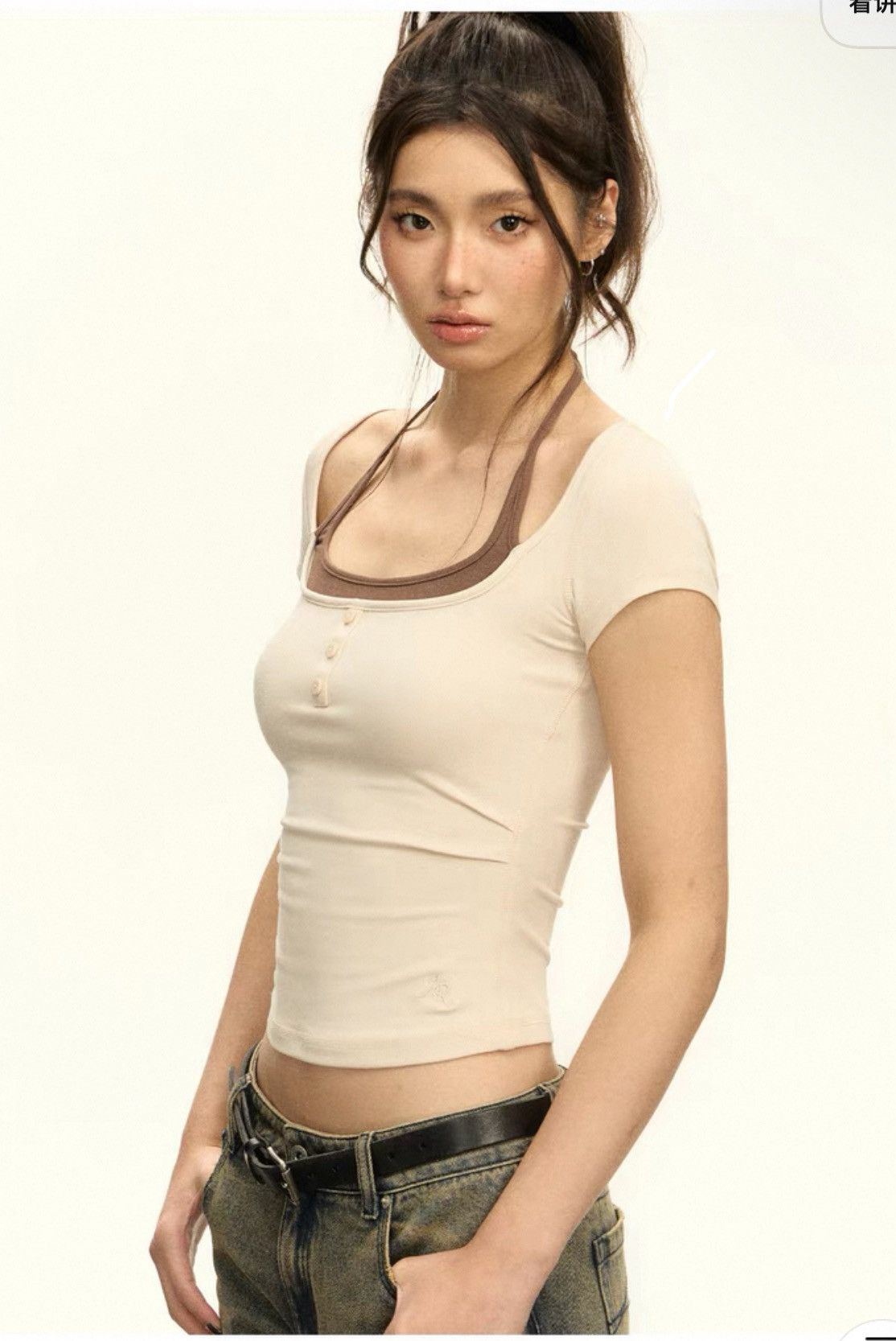 Other Beige Short Sleeve Top with Brown Layered Halter Neckline Size L / US 10 / IT 46 - 3 Thumbnail