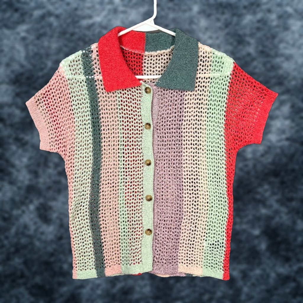 Cider Cider Shirt Womens XL Multicolor Crochet Knit Button-Up Short Sleeve Top Size XL / US 12-14 / IT 48-50 - 1 Thumbnail