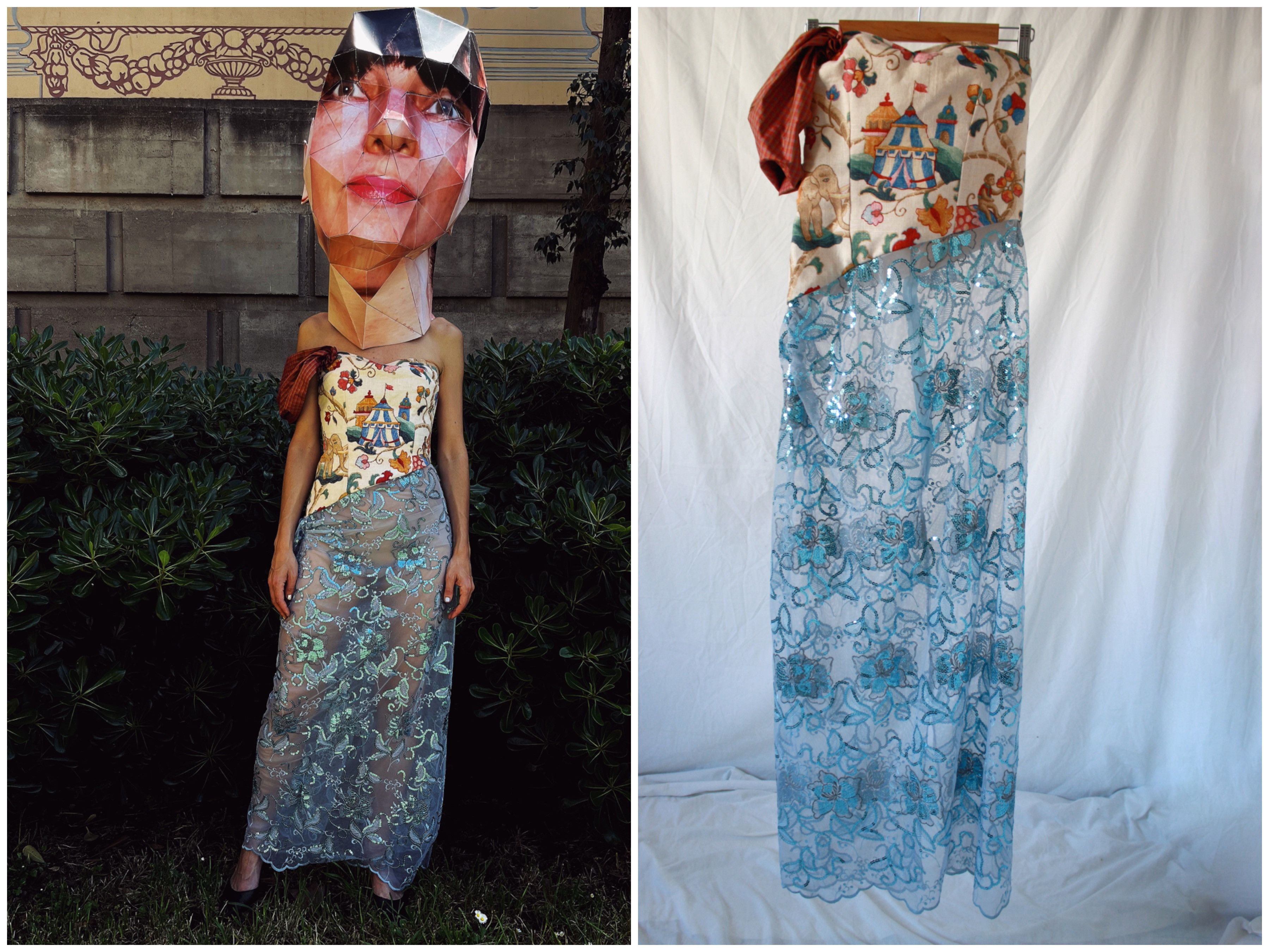 image of Designer Tapestry Bustier Dress With Sequin Sheer Skirt, Women's (Size Medium)