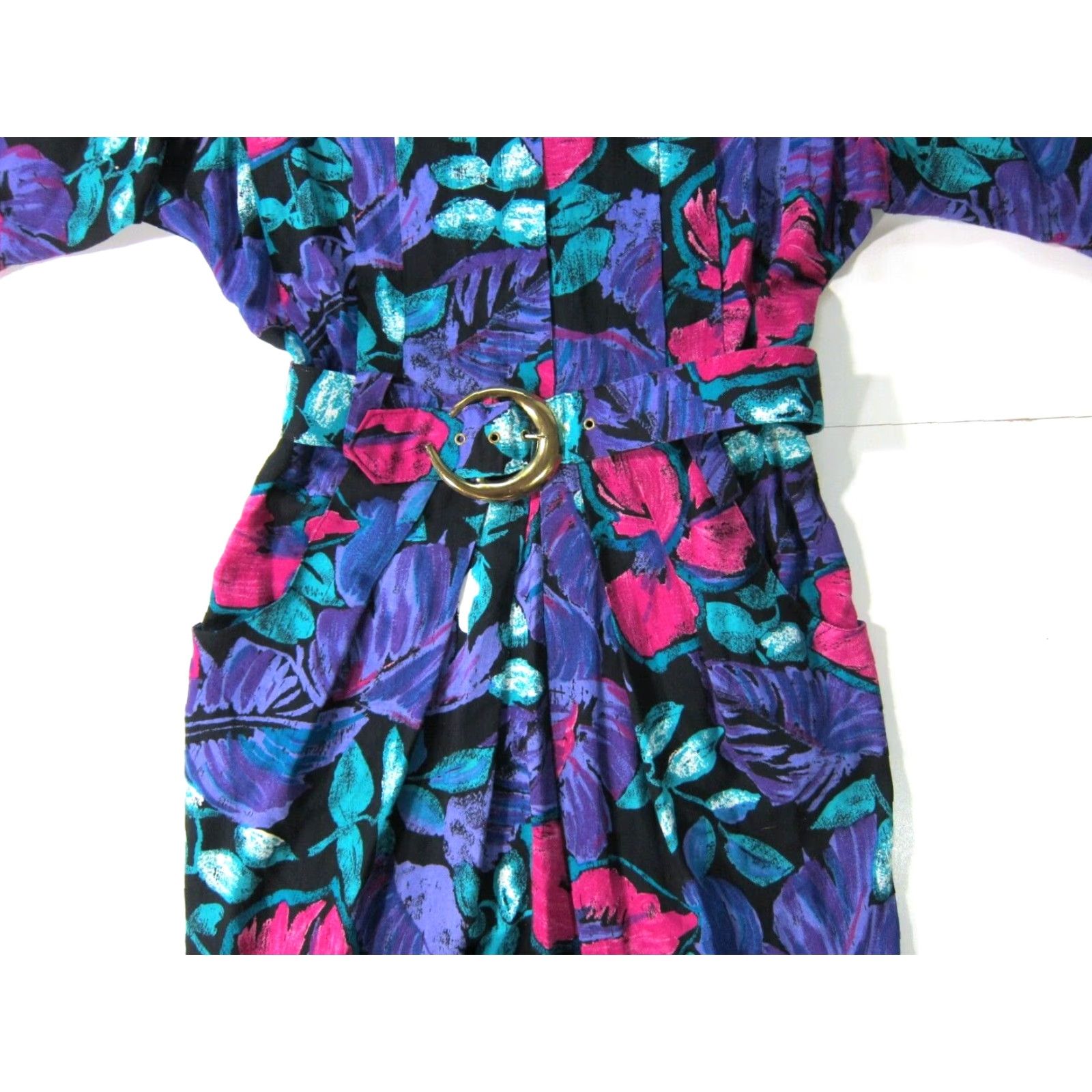 Vintage Willy's Influence 70's Floral Dress L Maxi Sleeveless Pink Green Purple Pocket Belted 100% Floral Retro Women’s Dress L Womens Size L / US 10 / IT 46 - 4 Thumbnail