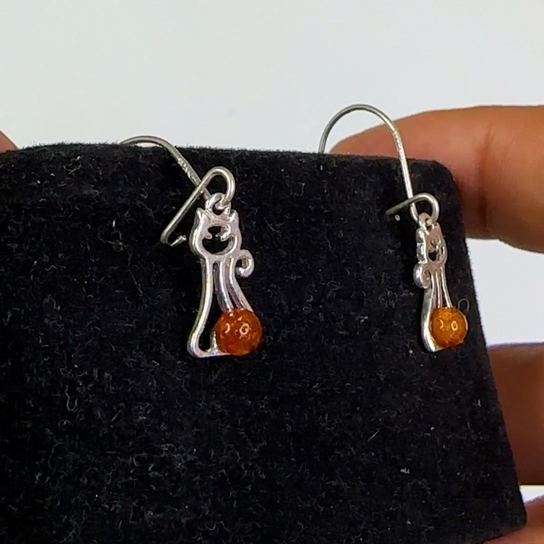 Designer Sterling Silver Petite Baltic Amber Silver Kitten Earrings Size ONE SIZE - 5 Thumbnail