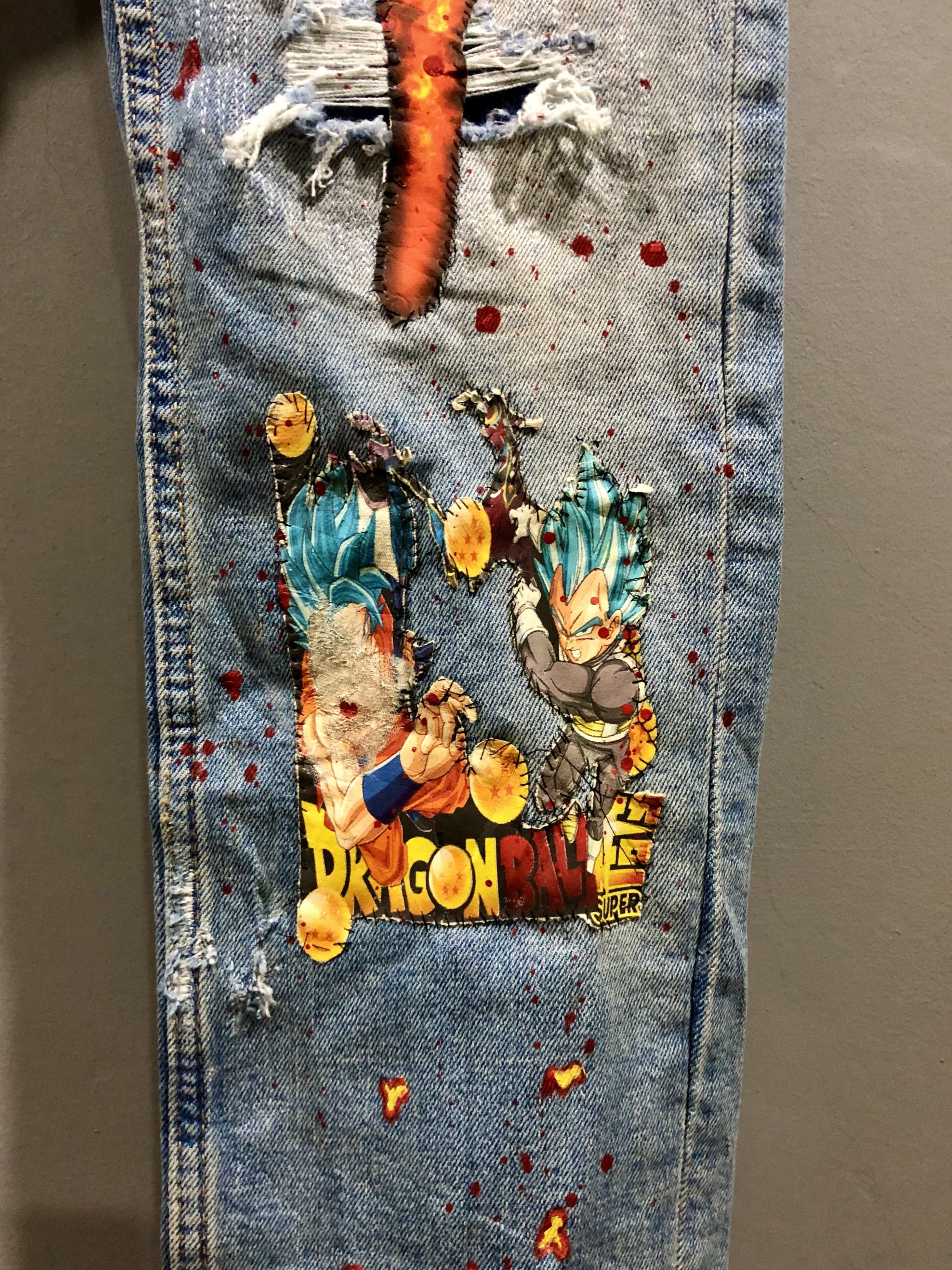 Anime Dragon Ball Z Distressed Jeans Custom Handmade By Pop Up LA Size US 32 / EU 48 - 8 Thumbnail