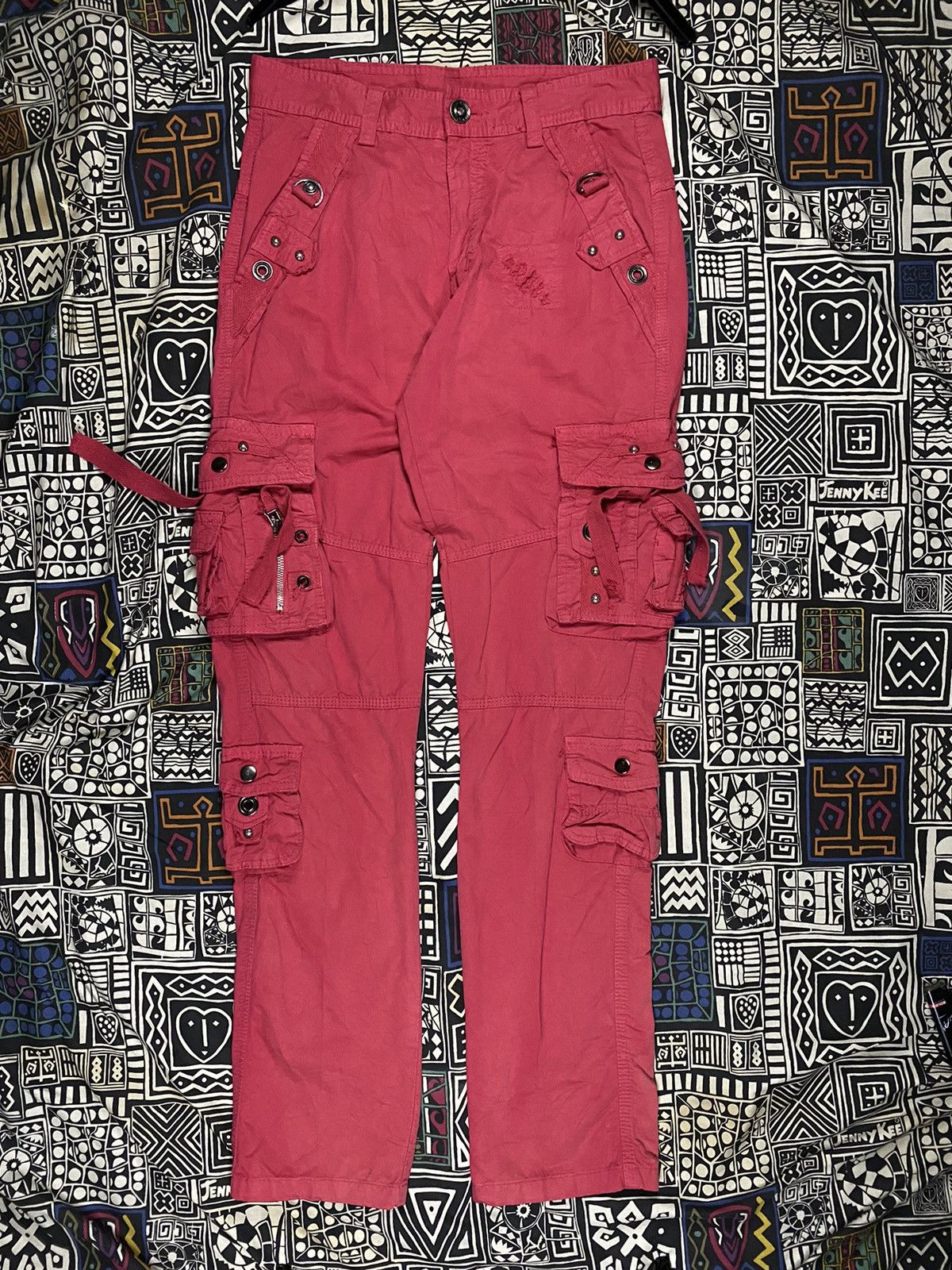 14th Addiction × Japanese Brand × Le Grande Bleu (L.G.B.) Junye Red Disteressed Multipocket Cargo Pants Size US 29 - 1 Thumbnail