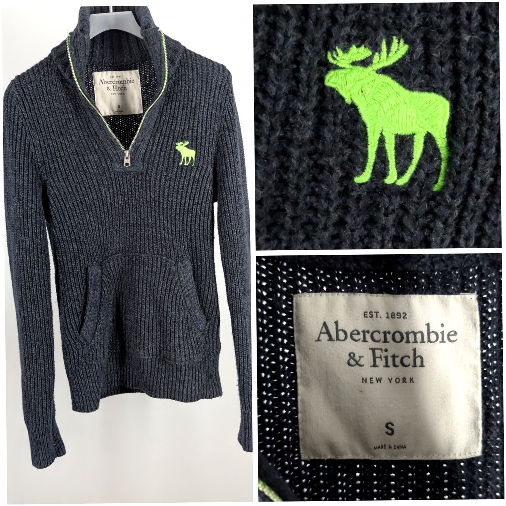 Abercrombie & Fitch VINTAGE Abercrombie & Fitch Quarter Zip Sweater Charcoal Grey Neon Green S Moose Pocket Womens Sweater Long Sleeve Pullover Size S / US 4 / IT 40 - 2 Thumbnail