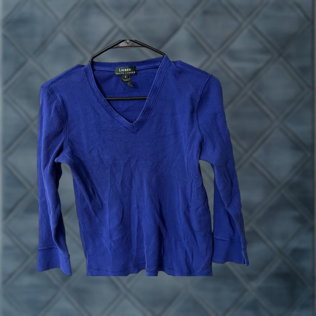 Ralph Lauren Lauren Ralph Lauren Waffle Knit Womens S Blue V-Neck Thermal Top Size S / US 4 / IT 40 - 1 Thumbnail