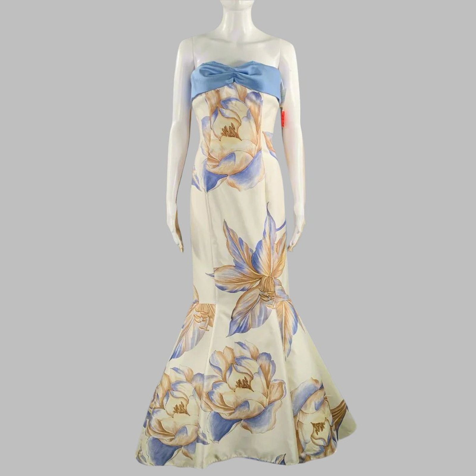 Other Size 6 Cream Blue Tan Silk Floral Shawl Strapless Gown Size M / US 6-8 / IT 42-44 - 2 Thumbnail