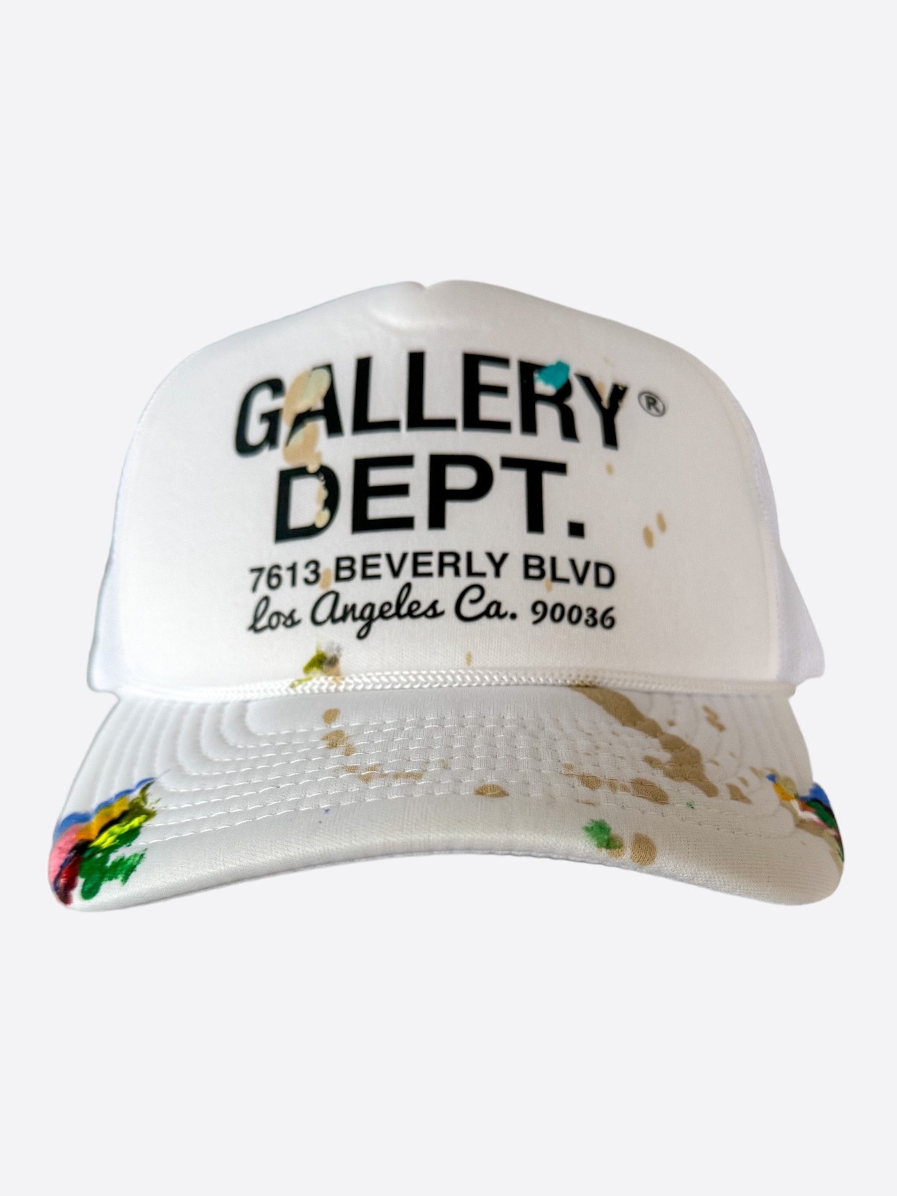 image of Gallery Dept White Paint Splatter Logo Trucker Hat, Men's