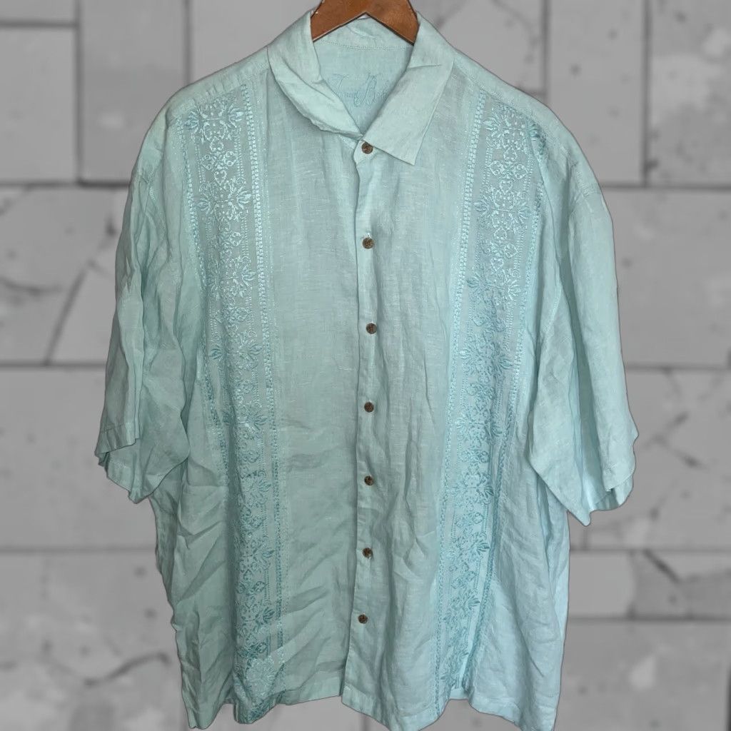 Tommy Bahama VINTAGE Tommy Bahama Light Blue Embroidered Linen Short Sleeve Mens 2XL Blue Button-Up Shirt Size US 39 - 1 Thumbnail