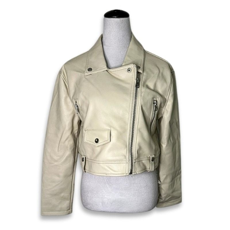 Topshop Moto Jacket Faux Leather Zipper Long Sleeve Cream