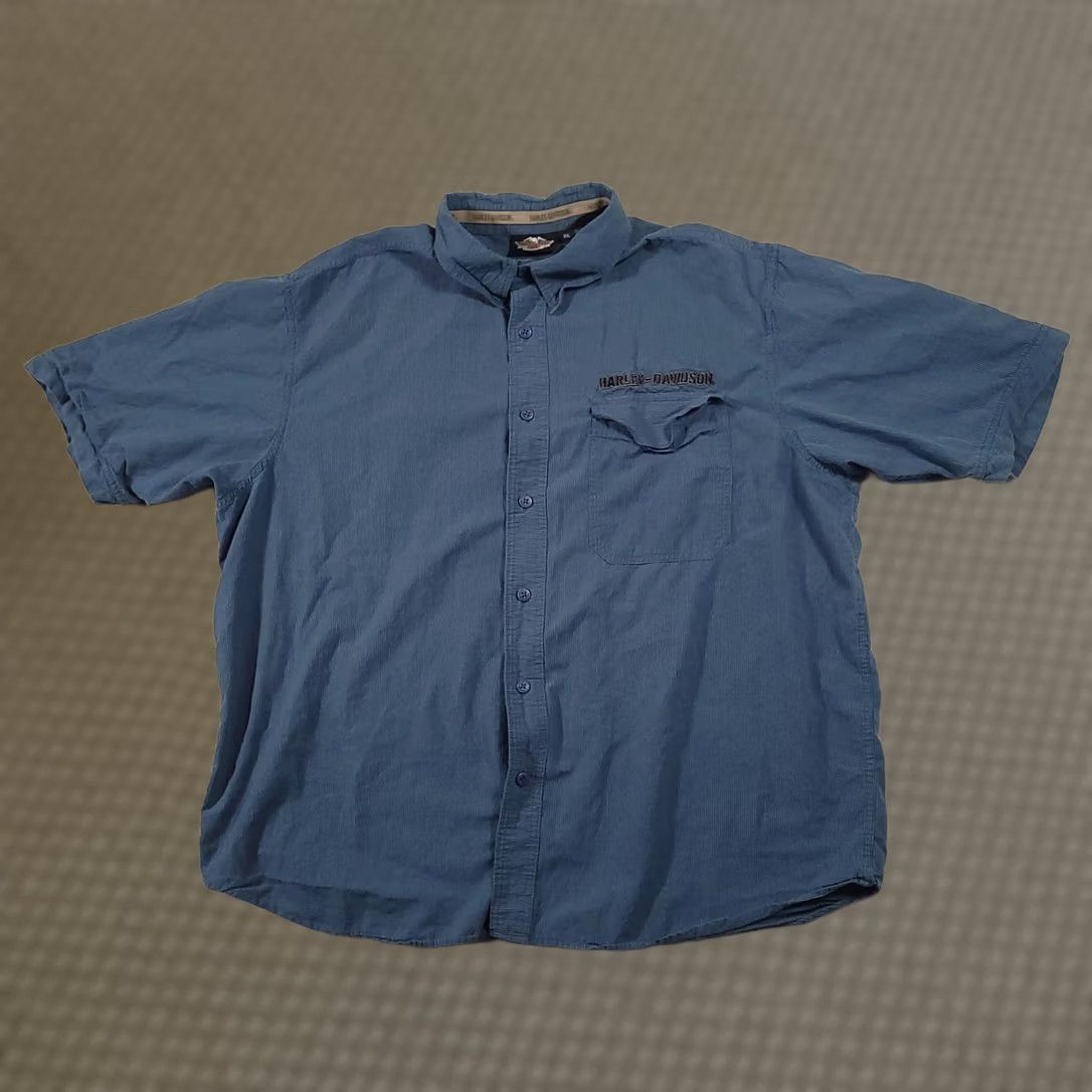 Harley Davidson Harley-Davidson Shirt Mens 2XL Blue Short Sleeve Button Up Eagle Graphic Embroidered Pocket Back Graphic Biker Motorcycle Size US XXL / EU 58 / 5 - 1 Thumbnail