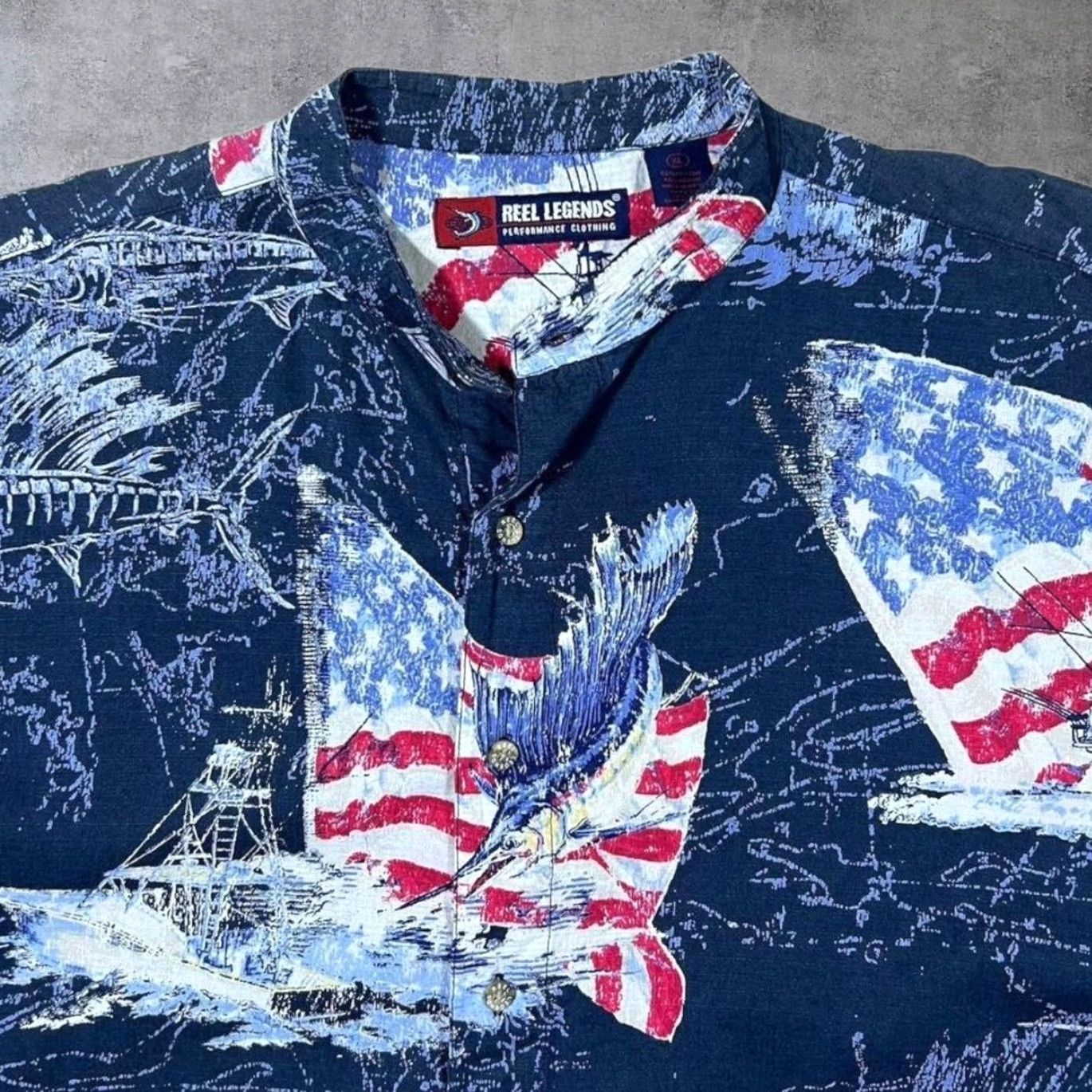 Vintage Reel Legends Fishing USA Patterned Short Sleeve Grandad Collared Shirt XL Blue Mens Button-Up Casual Cotton Size US XL / EU 56 / 4 - 4 Thumbnail
