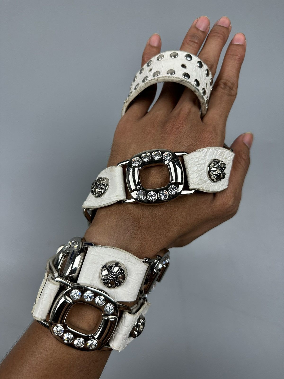 If Six Was Nine Rare Chrome Hearts Inspired White Leather Diamond Studs Belt Size 34 - 6 Thumbnail