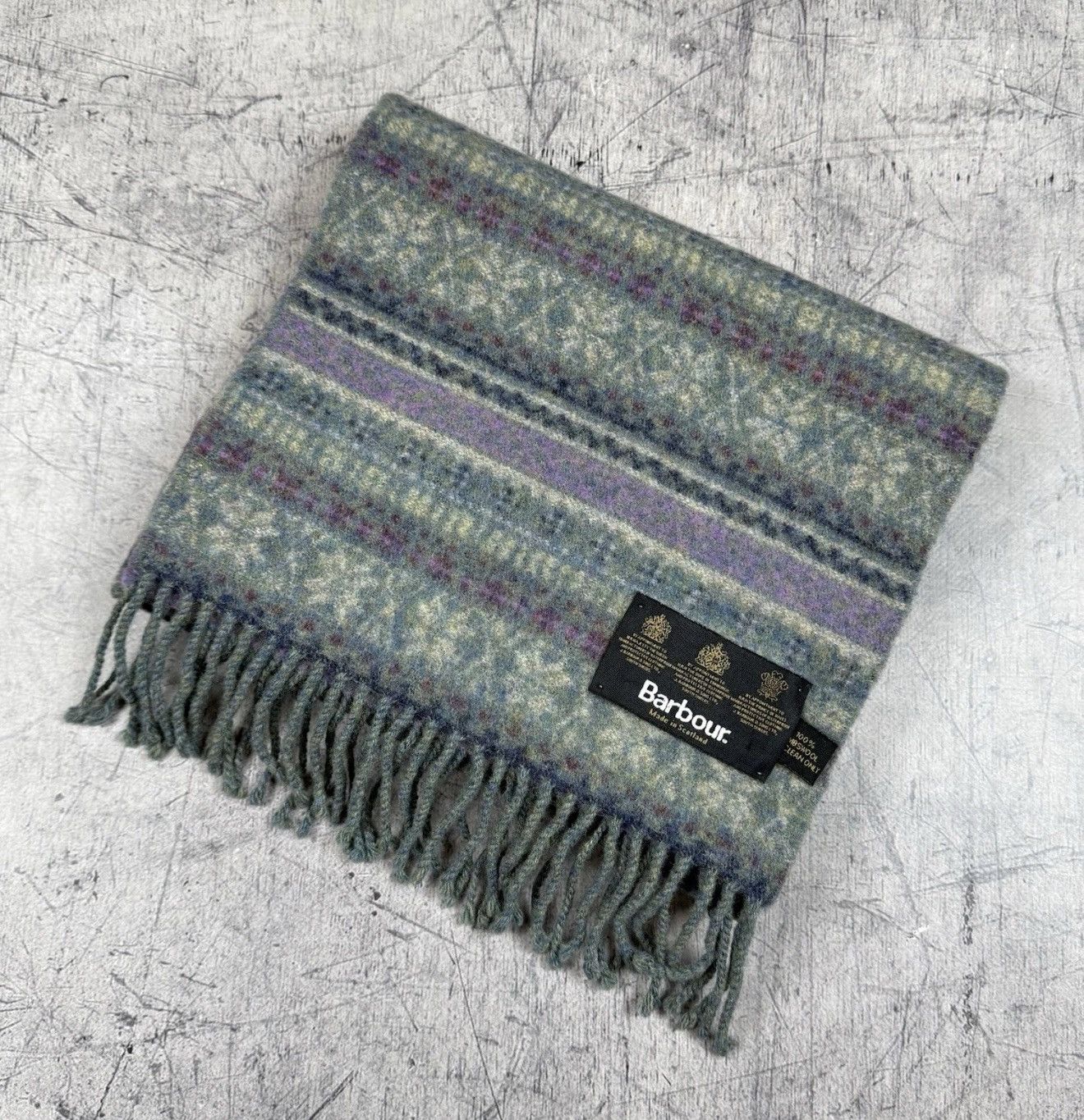 Barbour Barbour 100% Lambs wool Fair Isle Scarf Gray Purple Fringe Size ONE SIZE - 1 Thumbnail