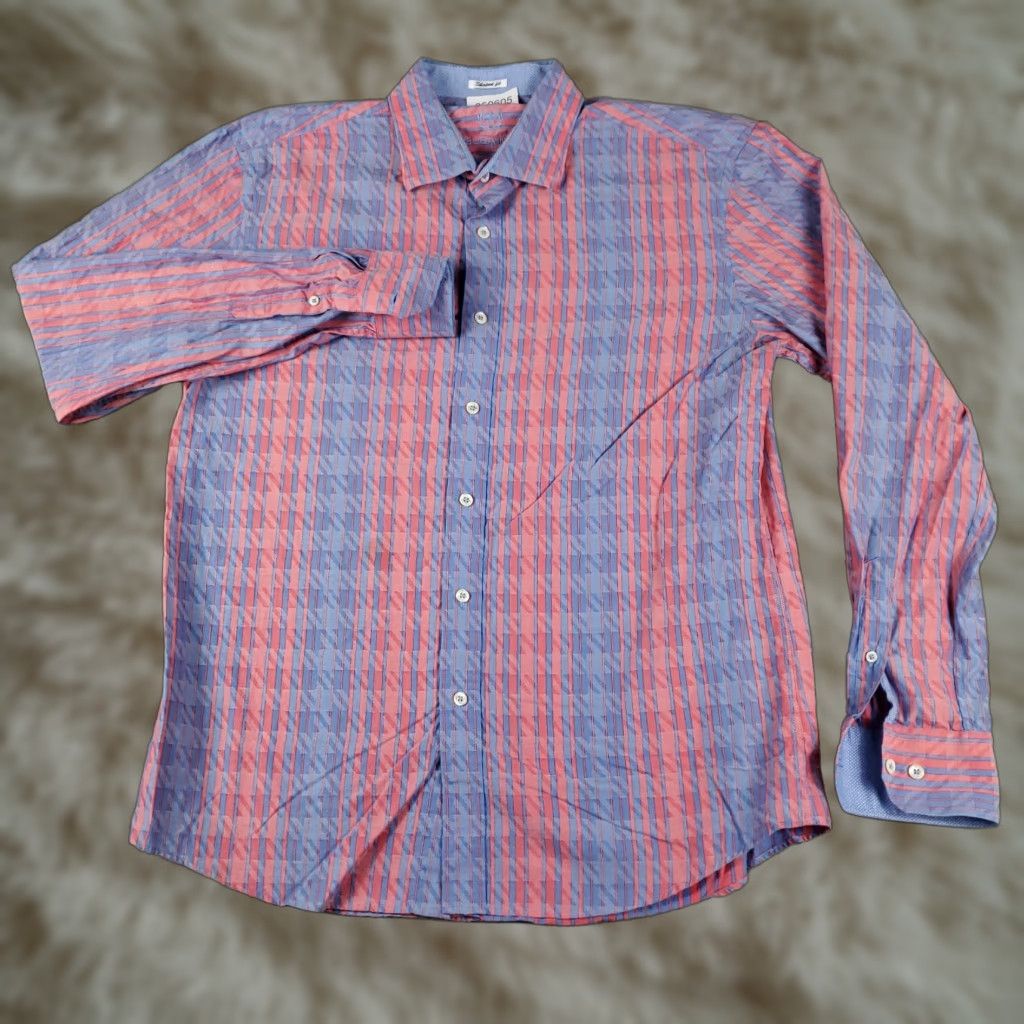 BUGATCHI Bugatchi Mens Button-Up Shirt L Blue Striped Cotton Classic Preppy American Modern Size US L / EU 52-54 / 3 - 1 Thumbnail