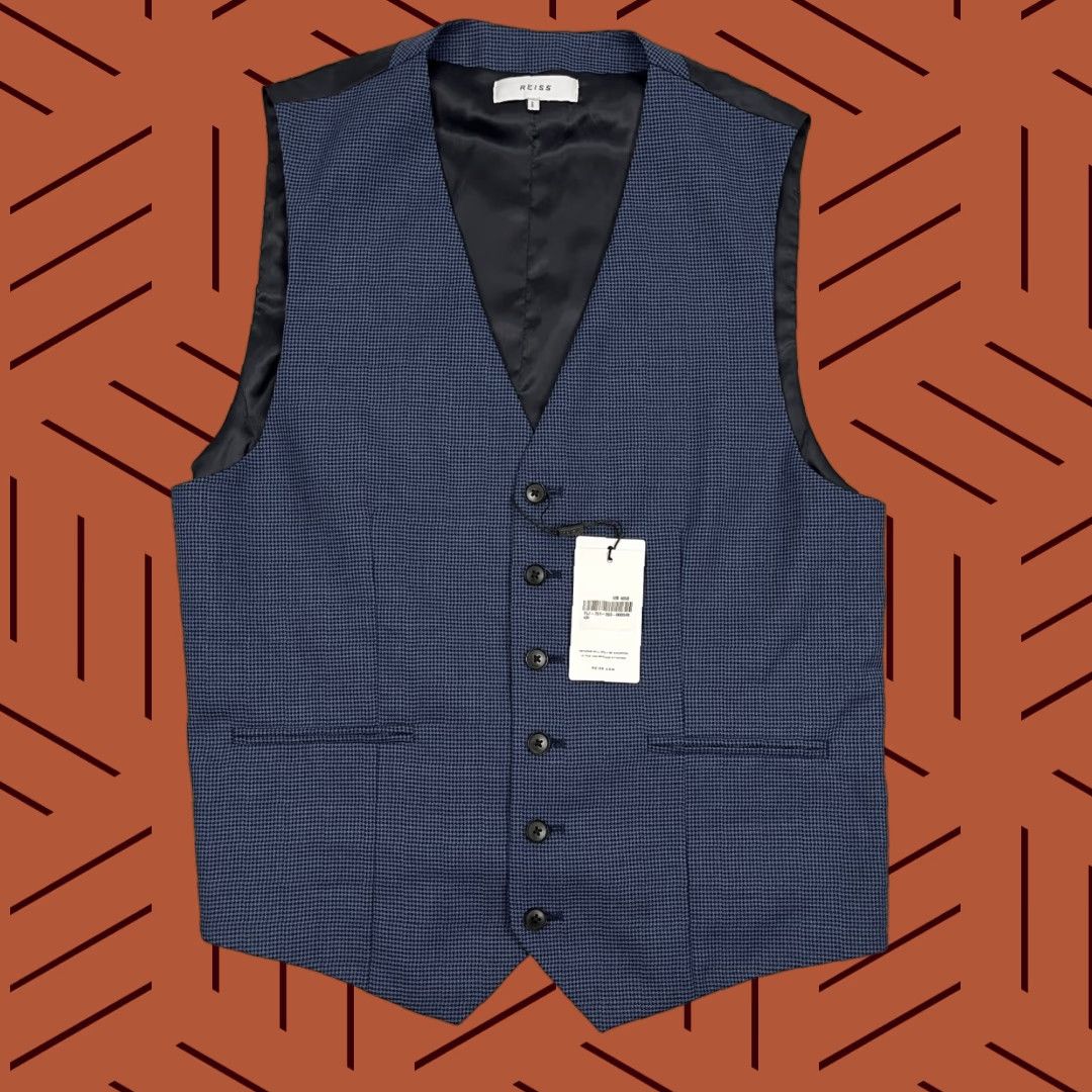 Reiss VINTAGE Reiss Waistcoat 42 Blue Black Wool Houndstooth Six-Button NEW Size US M / EU 48-50 / 2 - 1 Thumbnail