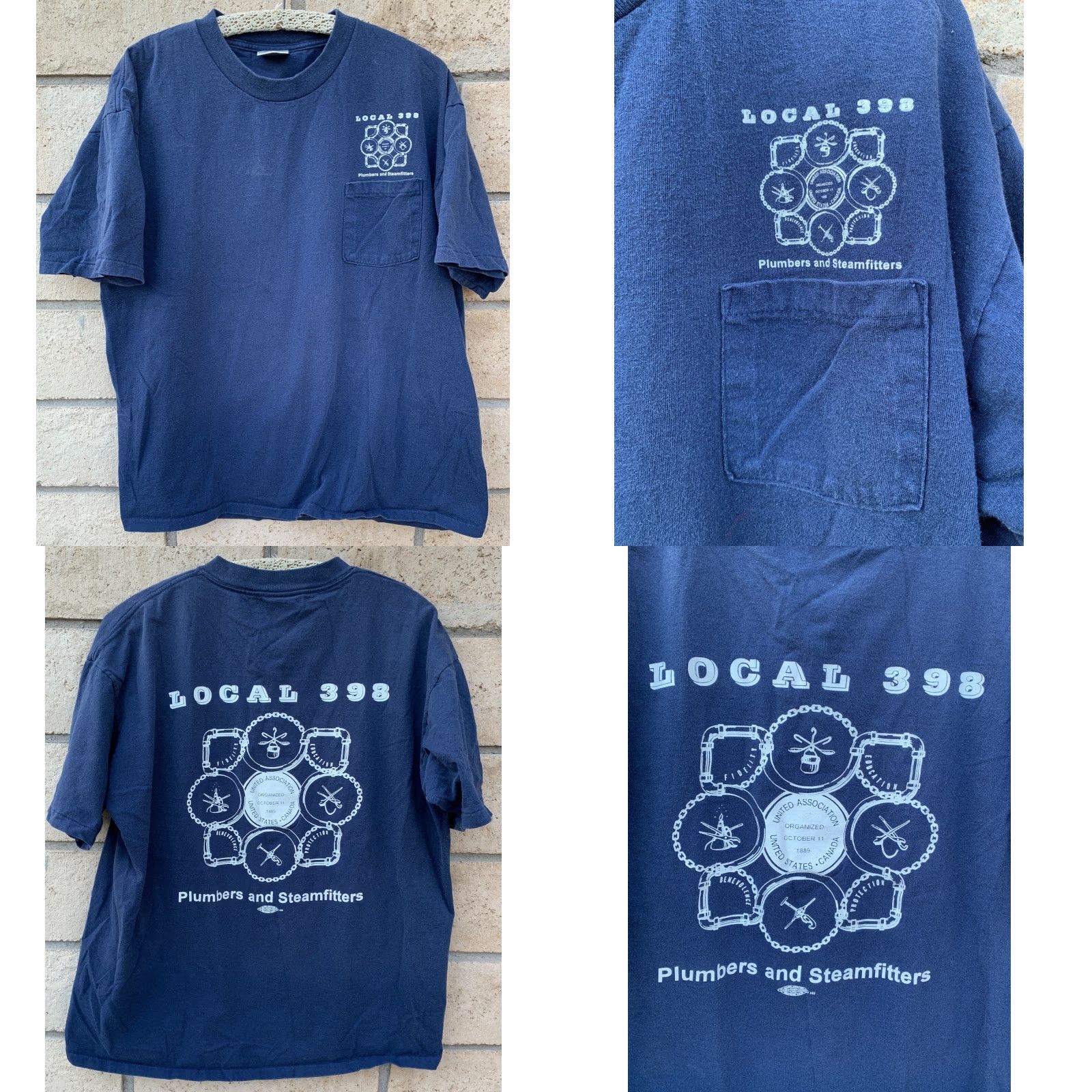 Vintage VINTAGE Oneita Local 398 Plumbers and Steamfitters Pocket T Shirt Short Sleeve Size XL Blue Cotton Mens Size US XL / EU 56 / 4 - 8 Thumbnail