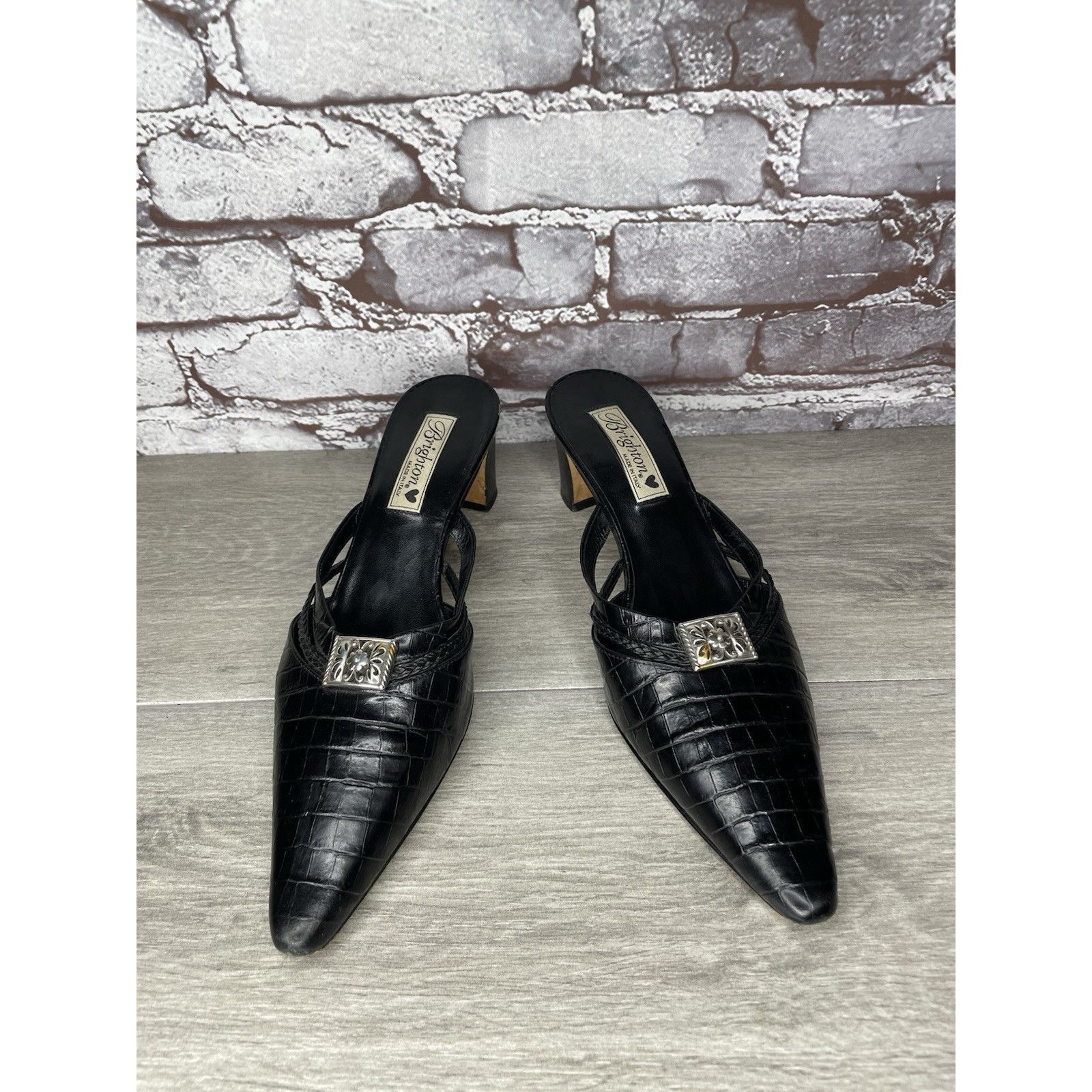 Brighton Brighton Black Leather Croc Embossed Mules Slides Sandals Wo Size US 9.5 / IT 39.5 - 3 Thumbnail