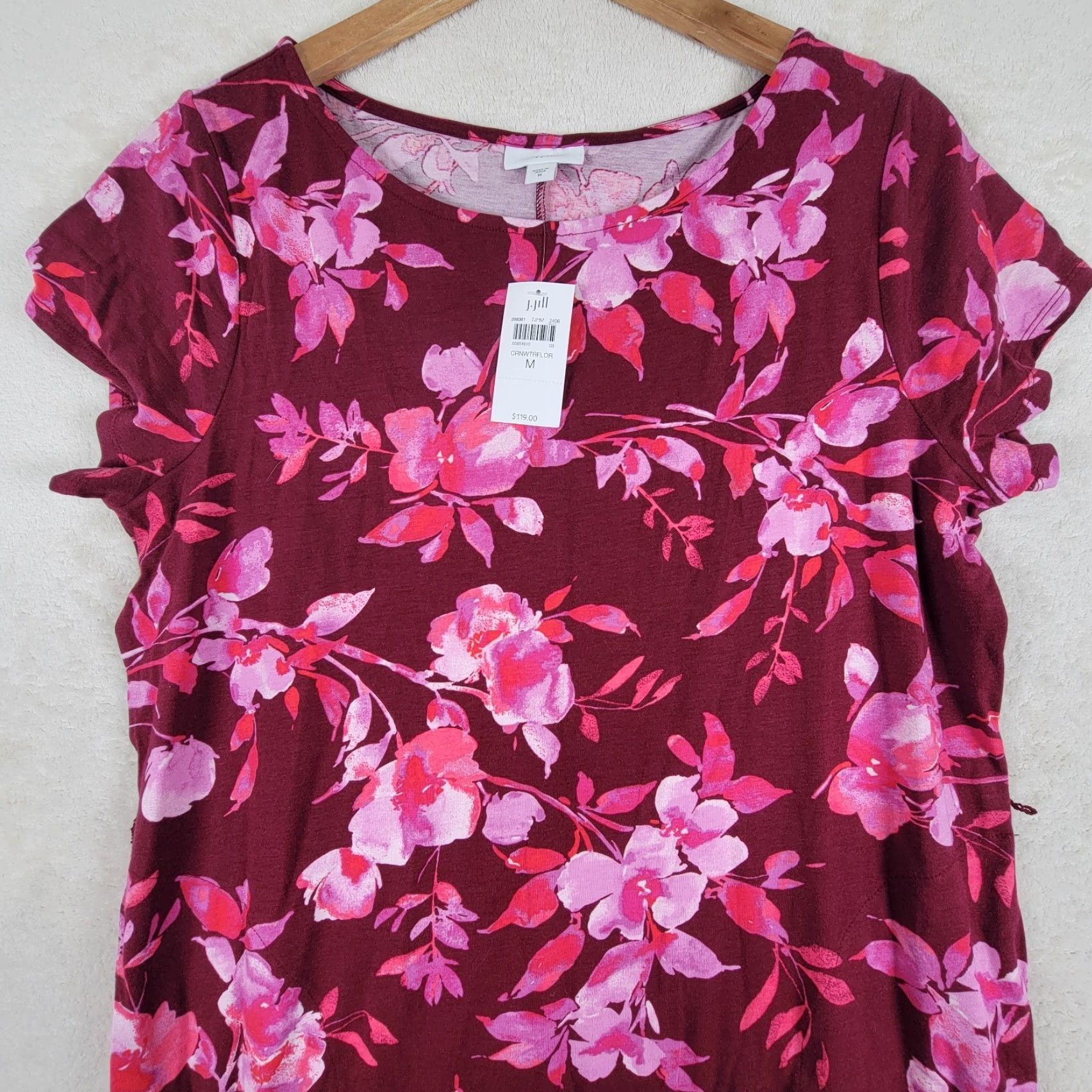 J. Jill J. Jill Dress Women's Maxi Floral Stretch Knit Cranberry Red Multicolor Cap Sleeve Round Neck M Cranberry Red Floral Maxi Dress Womens Size M / US 6-8 / IT 42-44 - 2 Thumbnail