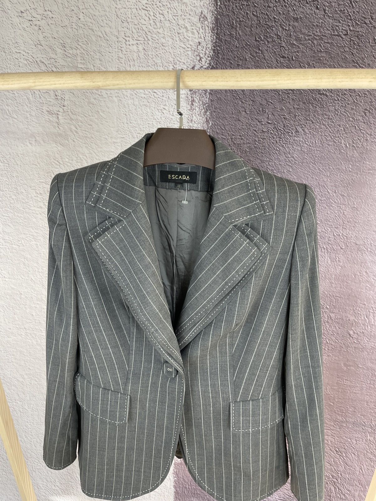 Escada Escada grey striped wool mohair double blazer Size XL / US 12-14 / IT 48-50 - 6 Thumbnail