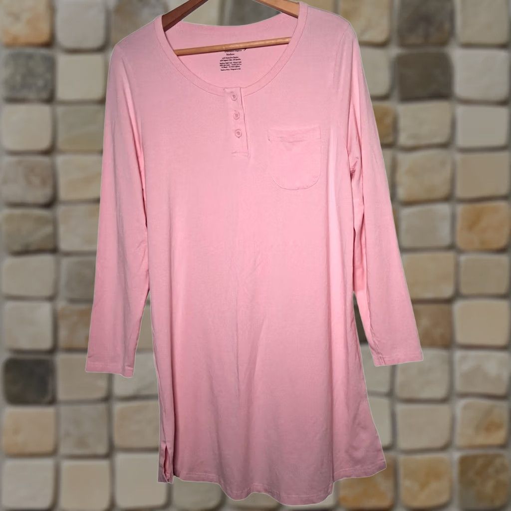 Vintage Fishers Finery Nightgown Henley Pink Medium Long Sleeve Bamboo Organic Cotton Size M / US 6-8 / IT 42-44 - 1 Thumbnail