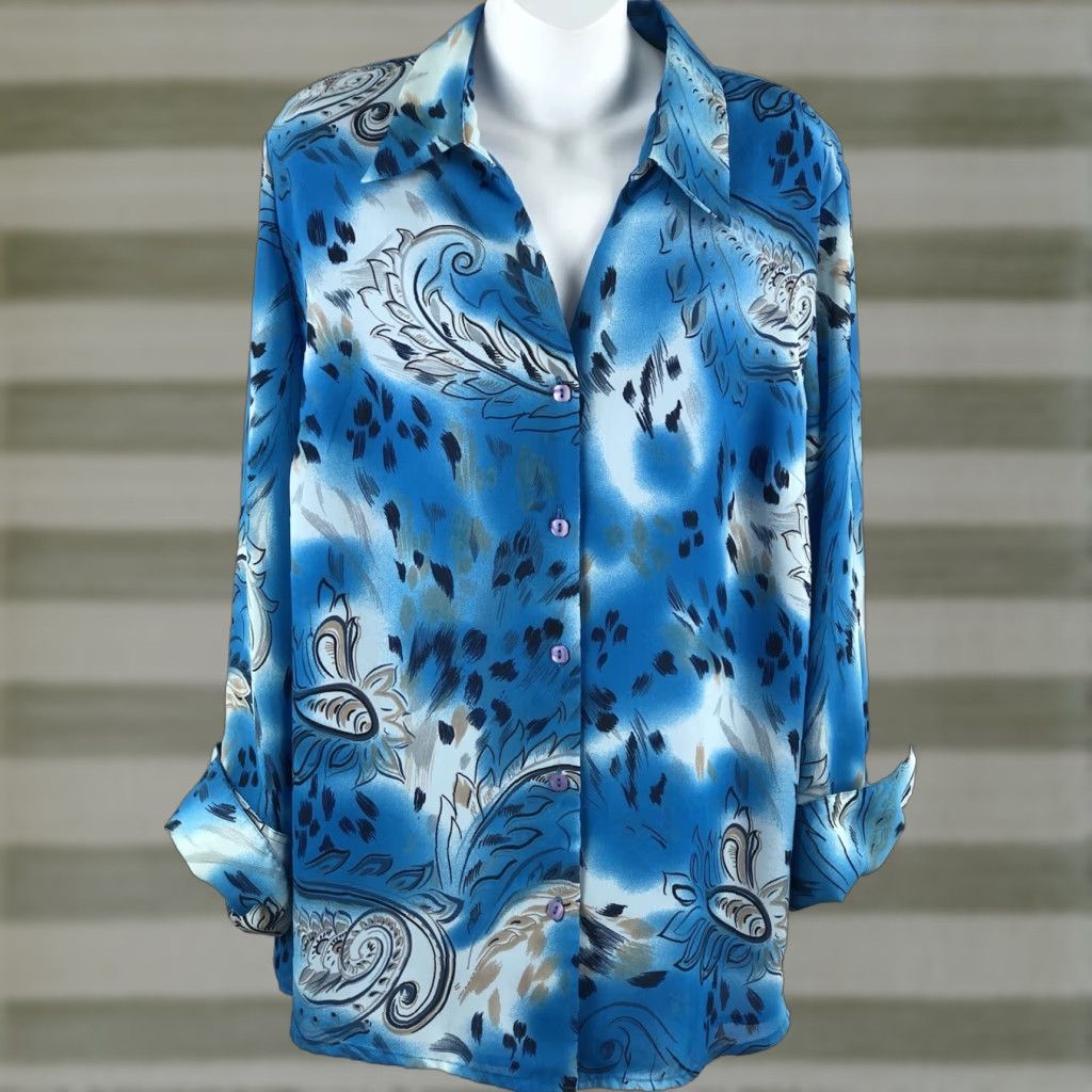 Vintage VINTAGE ML Studio Button-Up Blue Geometric 18W Long Sleeve Chiffon Mock French Cuff Boho Retro 70s Women Size XXL / US 16-18 / IT 52-54 - 1 Thumbnail