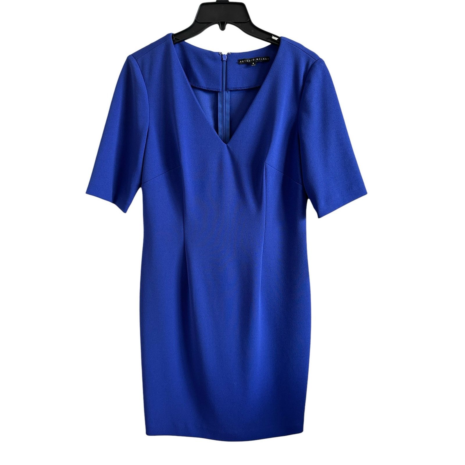 image of Antonio Melani 8 Blue Short Sleeve V-Neck Short Kent Dress, Women's (Size Medium)