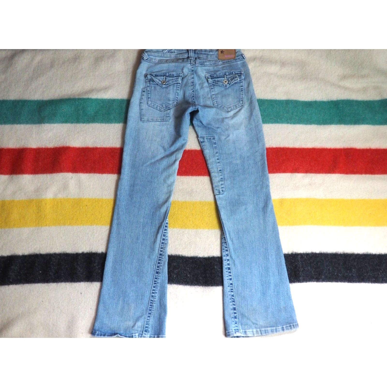 Vintage VTG Bubblegum Jeans Low Rise 29x31 Denim Flare Patchwork Blue Womens Regular Front Pockets Logo Grunge 2000s Style Size 29" - 2 Thumbnail