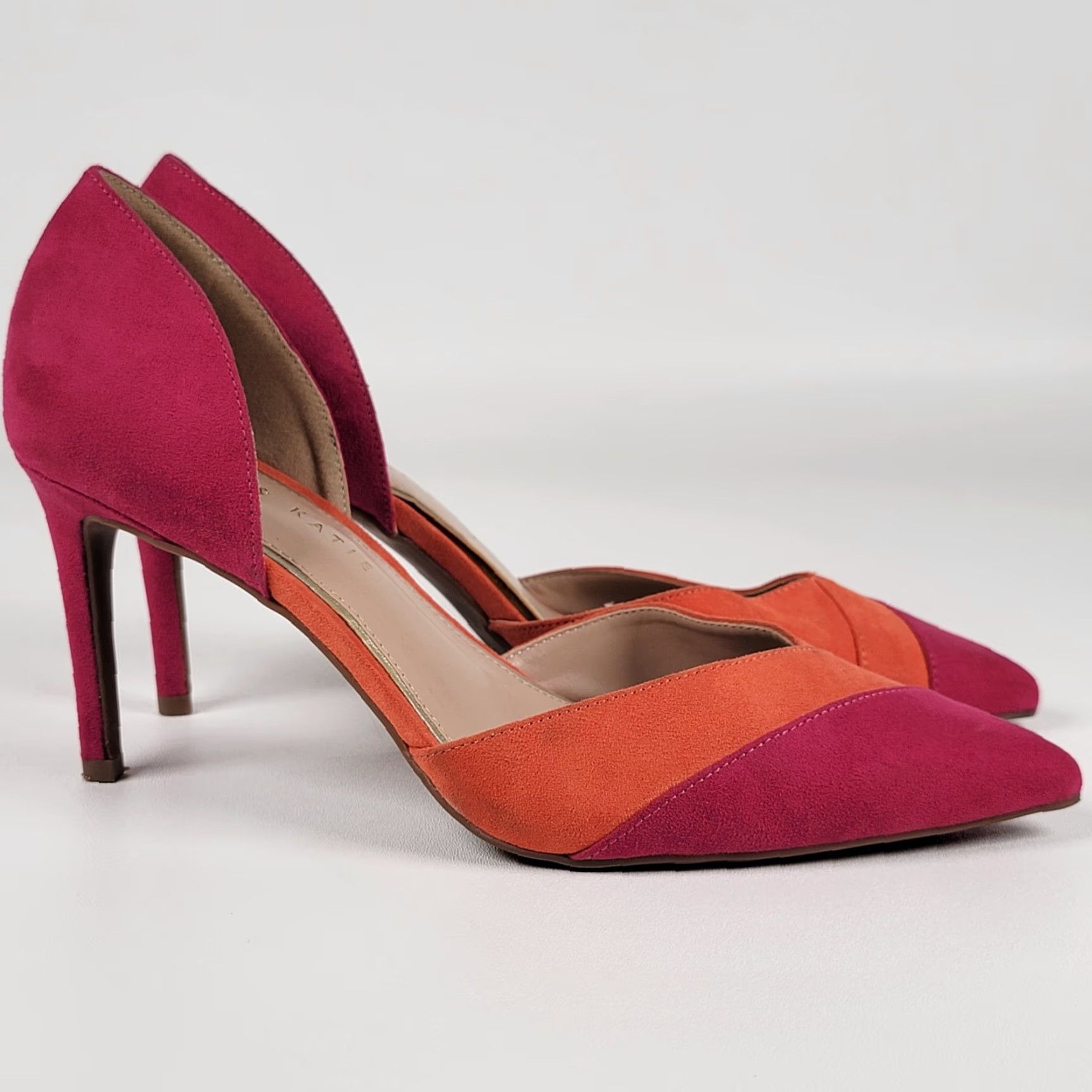 Vintage Kelly And Katie Suede 9.5 M 2 Tone Textile Heels Pump Womens Shoes Fuschia Orange Stiletto Pointed Toe Slip On Size US 10 / IT 40 - 2 Thumbnail