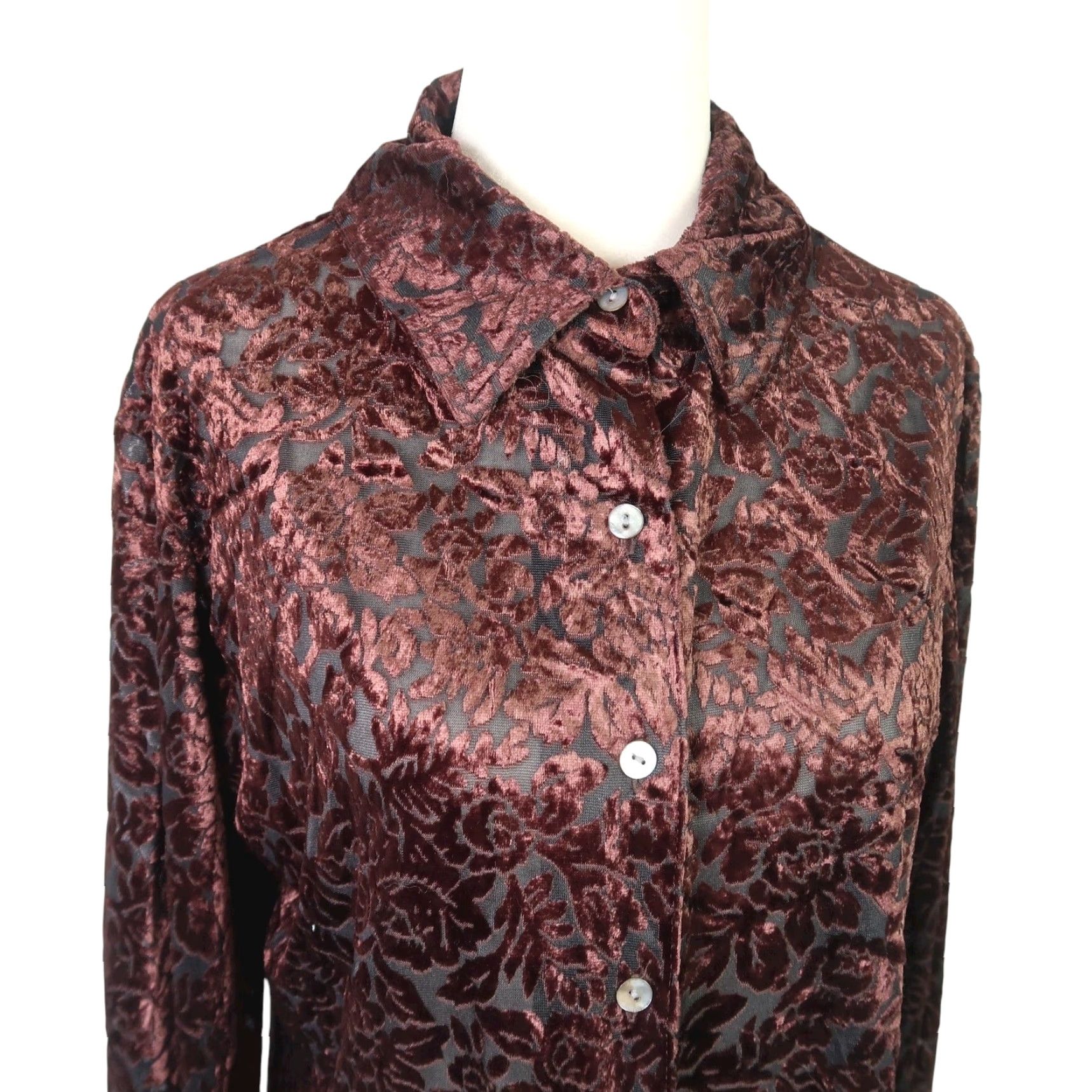 Velvet VINTAGE Bentley Brown Floral Velvet Burnout Button-Down Top M Womens Long Sleeve 90s Bohemian 90s Floral Vintage Size M / US 6-8 / IT 42-44 - 2 Thumbnail