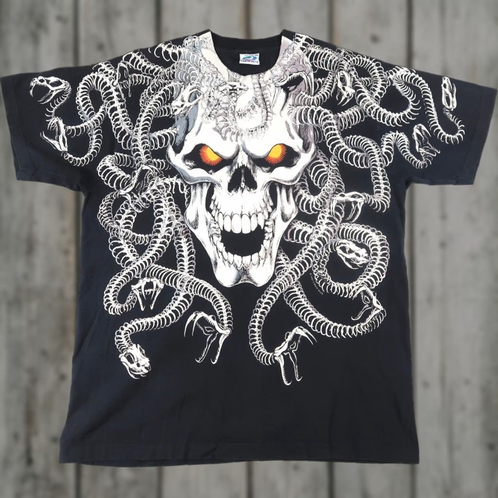 VINTAGE Liquid Blue T-Shirt Men 2XL Black 90s Skull Snake Medusa Graphic 1993