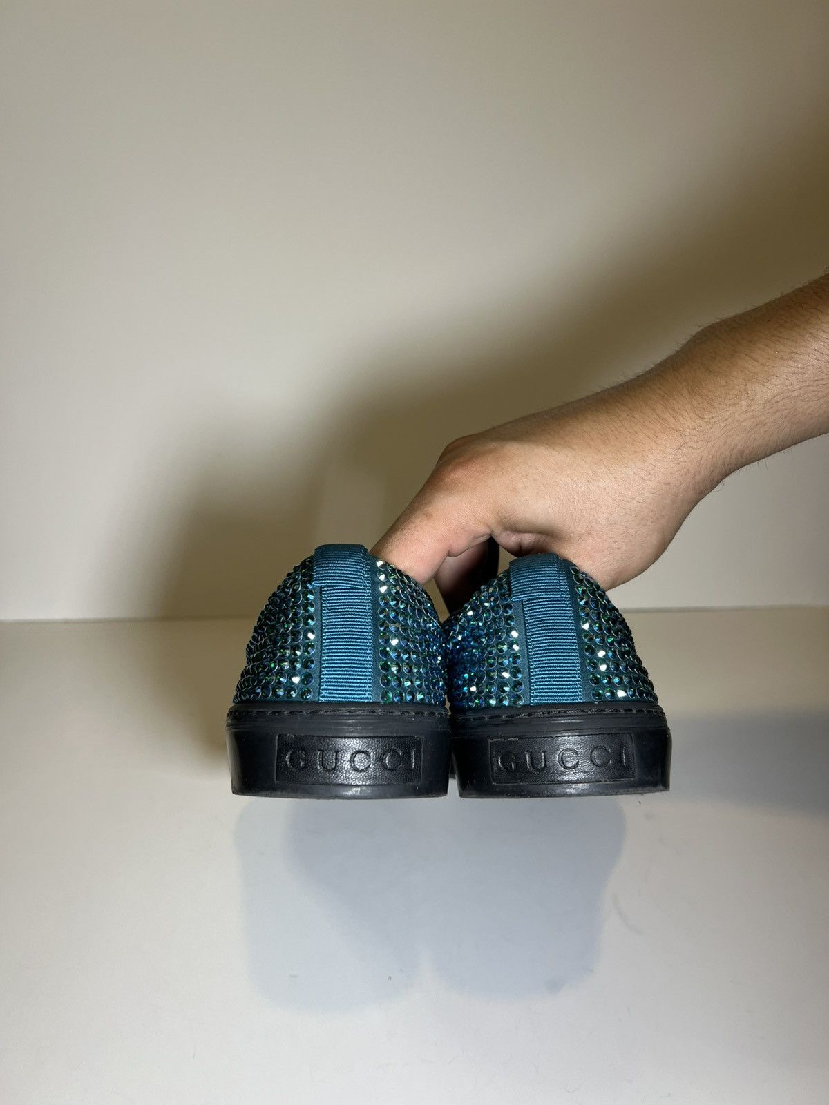 Gucci Gucci satin crystal slip on black/teal sneaker shoes Size US 9 / EU 42 - 4 Thumbnail