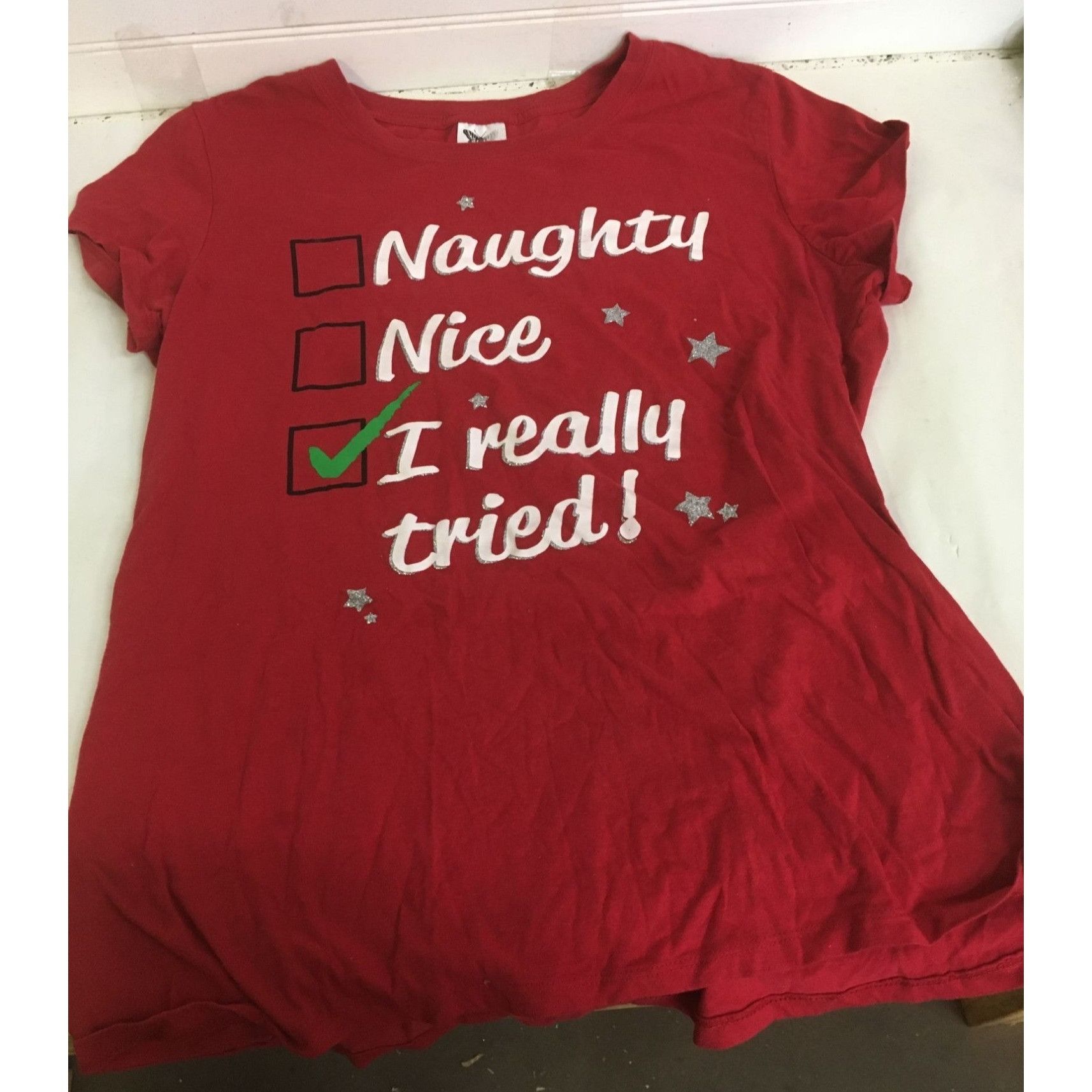 Other Women's "Naughty, Nice, I Really Tried" Red Christmas Tee Sh Size XL / US 12-14 / IT 48-50 - 1 Thumbnail