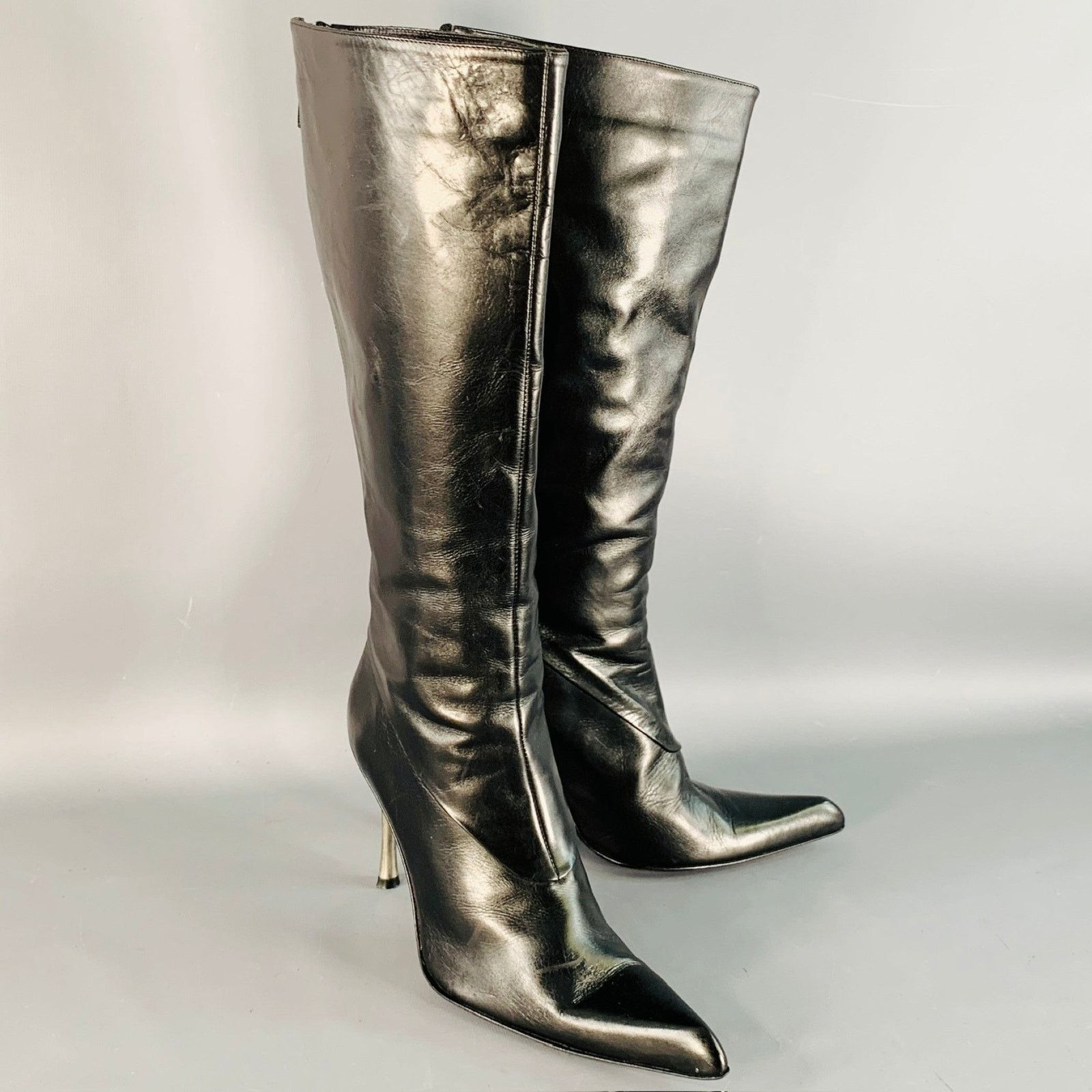 Les Copains 7 Black Silver Leather Back Zipper Calf High Stiletto Boots Size US 7 / IT 37 - 1 Thumbnail