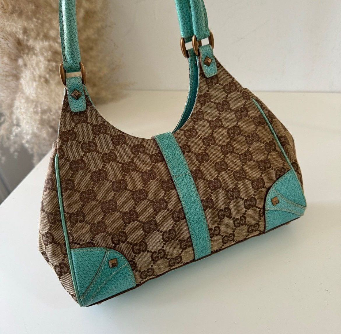 Gucci Gucci Beige/Turquoise GG Canvas and Leather Jackie O Hobo Size ONE SIZE - 5 Thumbnail