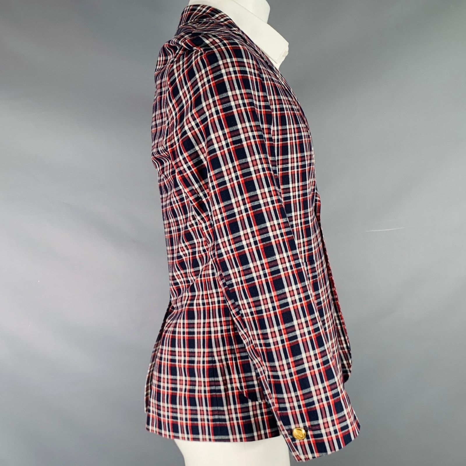 Maison Kitsune Size 36 Navy Red White Plaid Cotton Sport Coat Size 36R - 3 Thumbnail