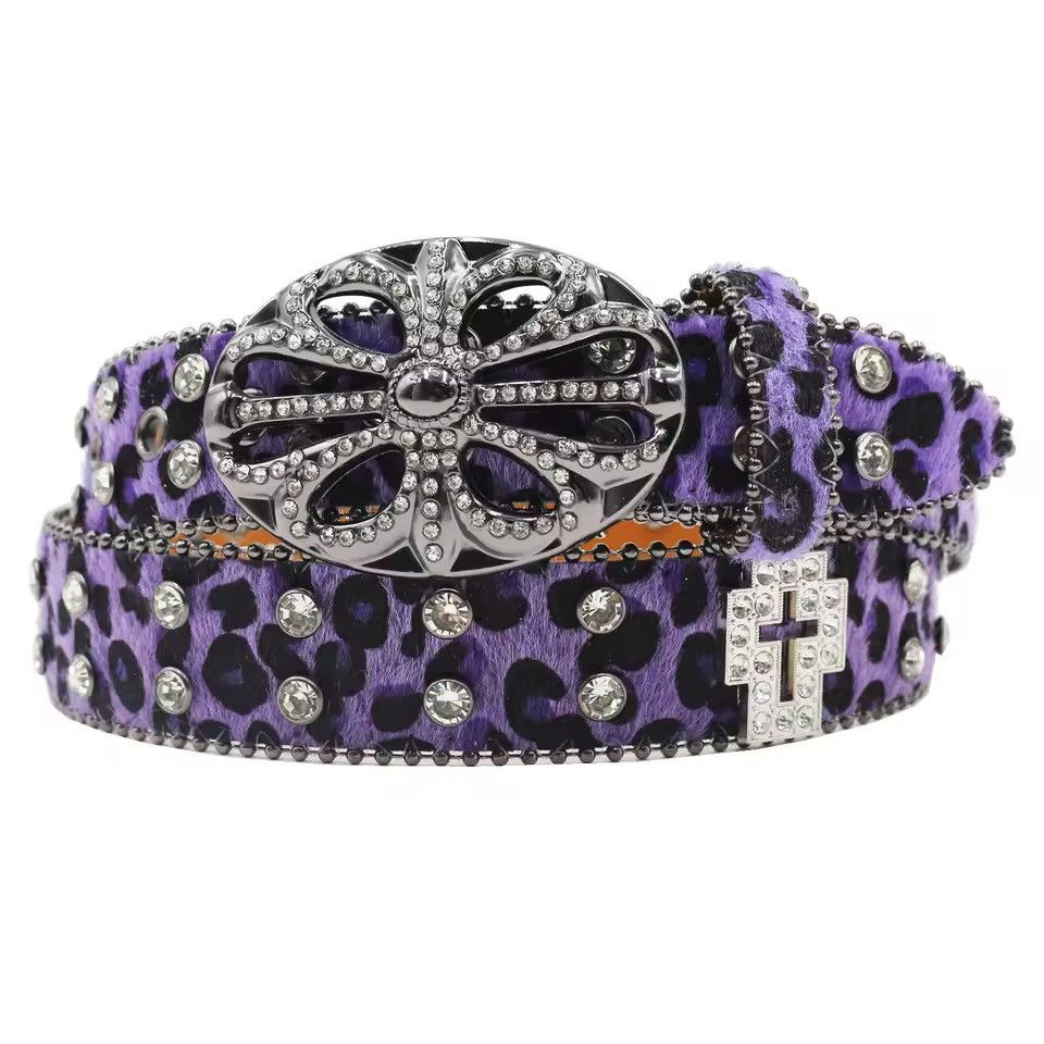 125 Cm Blingleopard Print Rhinestone Pu Leather Belt Y2K in Purple, Men’s